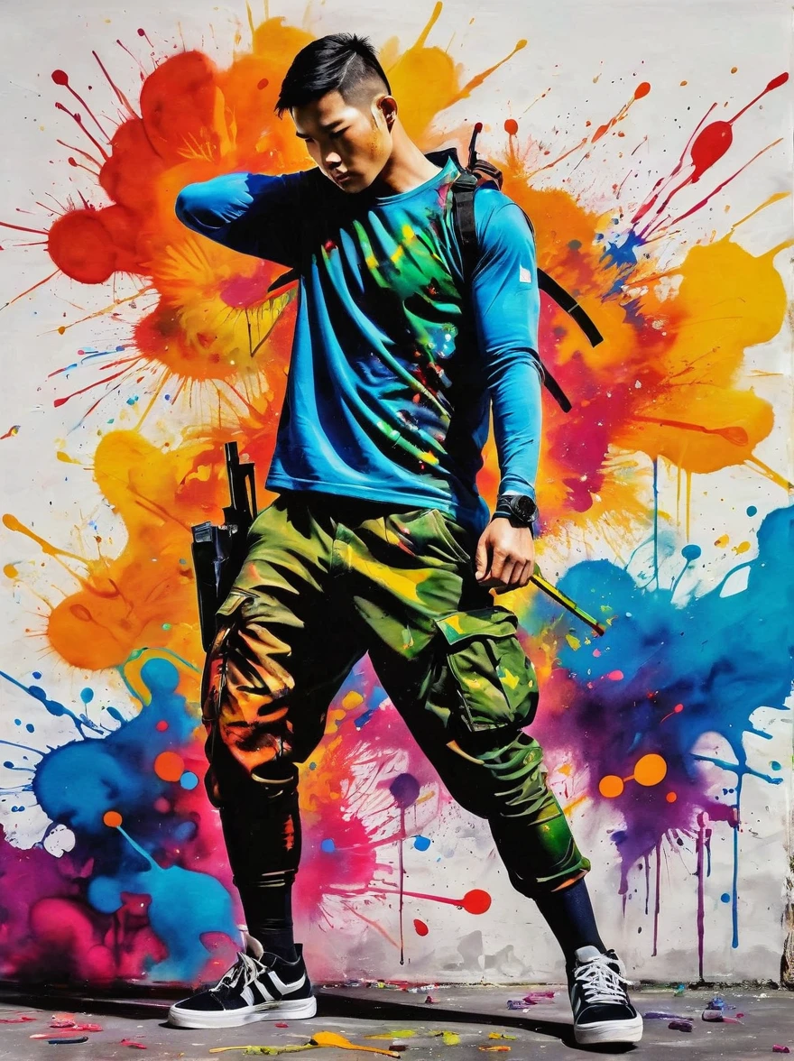 masterpiece, best quality, Color ink painting, 男性contour,Armed combatants,Combat tights,dynamic姿势,contour,Graffiti splashes,Bold Colors,dynamic,Colorful,Abstract Painting,Look closely,Like a person,artwork,mystery,design,colorful inkpainting