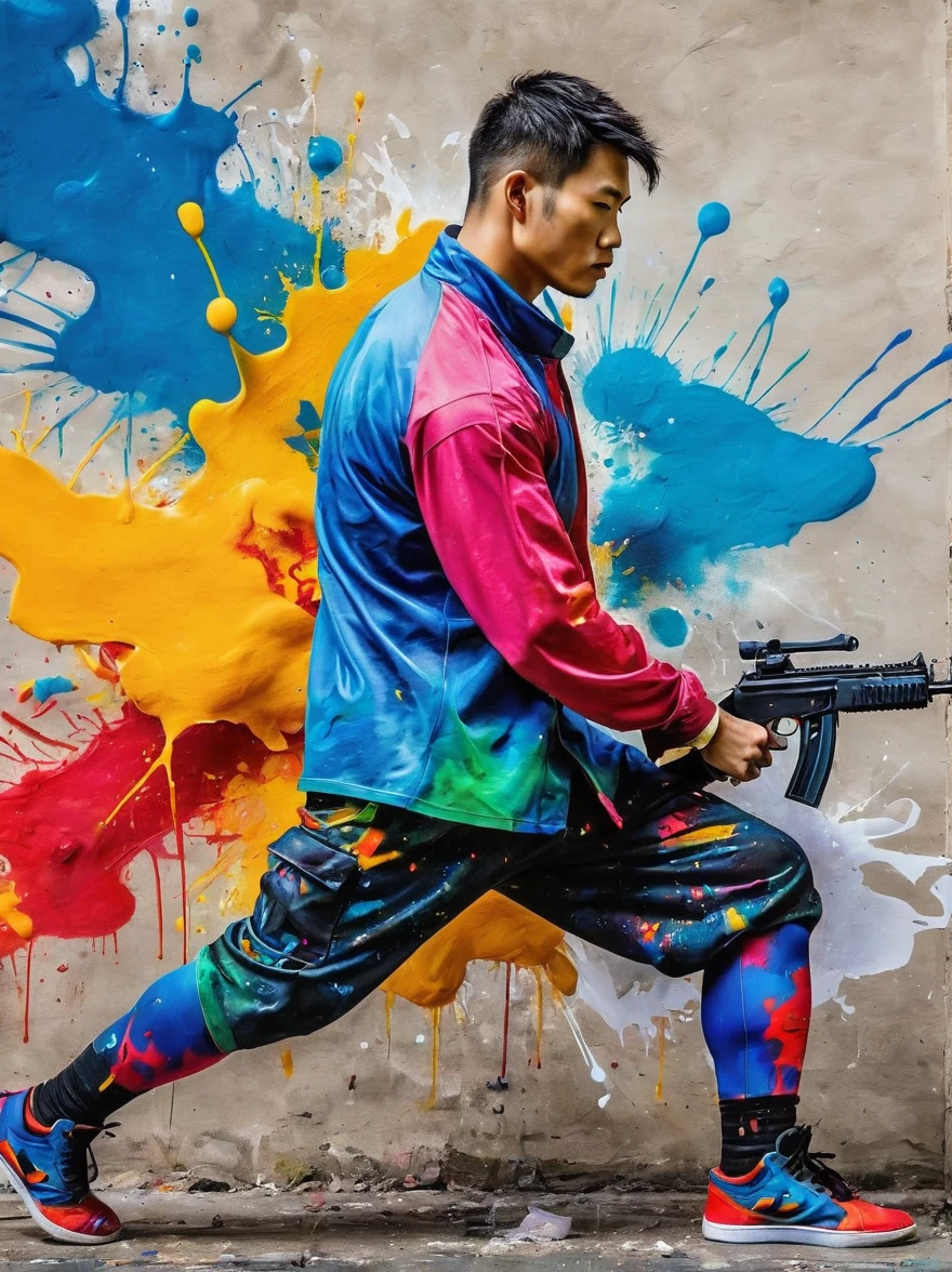 masterpiece, best quality, Color ink painting, 男性contour,Armed combatants,Combat tights,dynamic姿势,contour,Graffiti splashes,Bold Colors,dynamic,Colorful,Abstract Painting,Look closely,Like a person,artwork,mystery,design,colorful inkpainting