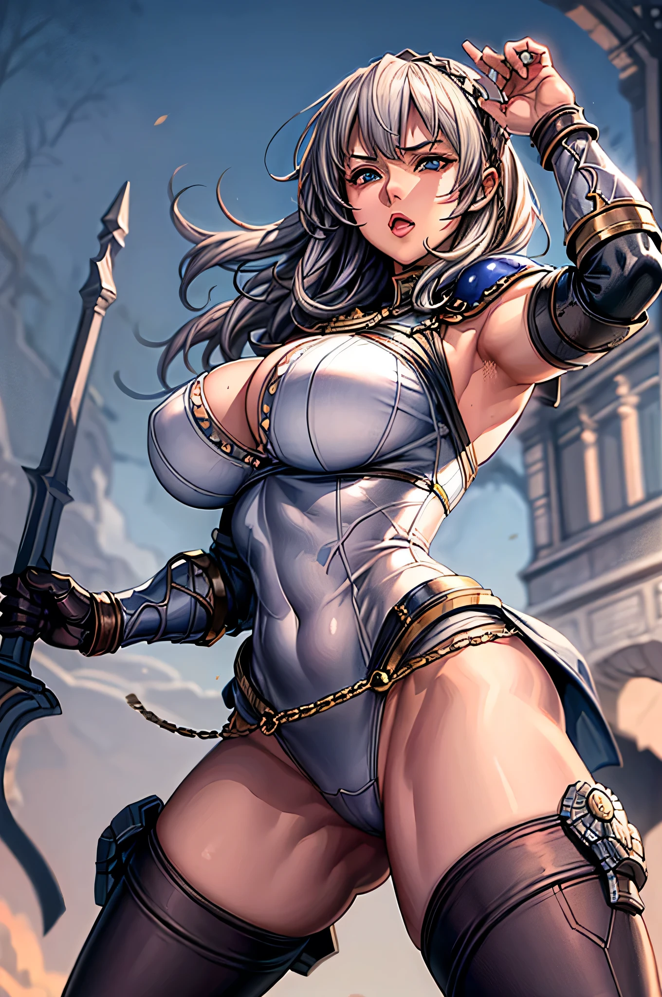 (1 mature muscular female paladin,gorgeous paladin armor,arm guard,leg guard,cecklace,silver hair,25yo), large breasts,cleavage,erected nipples,perfect hands, perfect finger,perfect anatomy, masterpiece, best quality,realistic, hyperrealistic, 16k hdr,(fantasy world,medieval,,outdoor,colosseum background:1.3),(cool beauty),(dynamic fighting pose,hand up,spread legs:1.2),dynamic angle,navel,from below,(oda non:1.5),(holding sword,ready sword:1.2)