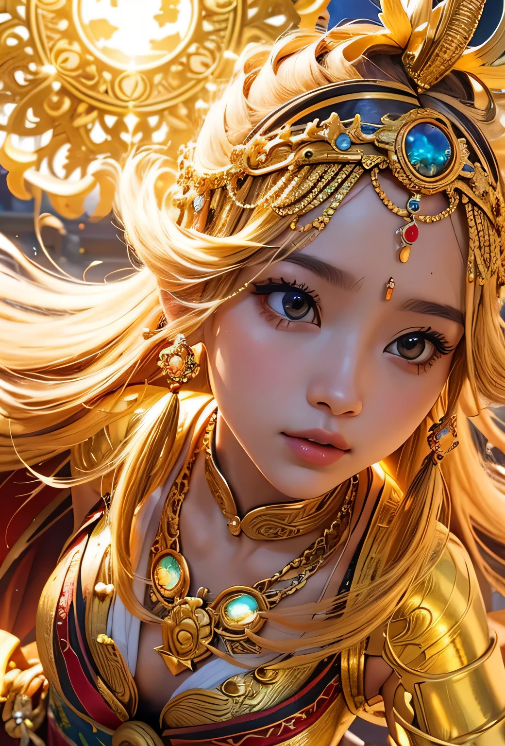 "Child of the Sun, Goddess of Love": Within a sacred sanctuary bathed in sunlight, depict the figure of a sun goddess who governs love, facing forward and emanating divine radiance. She is a , around . Zoom in to focus on her face, with a gleaming orb of light in her hands, representing the life-giving power of the sun. Her hair is shimmering gold, and she is wearing a traditional miko outfit as seen in Japanese shrines. The background should be predominantly gold, evoking a sense of divine splendor, with numerous heart-themed objects expressing the beauty of love. The setting is in heaven, enveloped in soft, bright light, where one can find tranquility and peace of mind, free from any trace of anxiety.