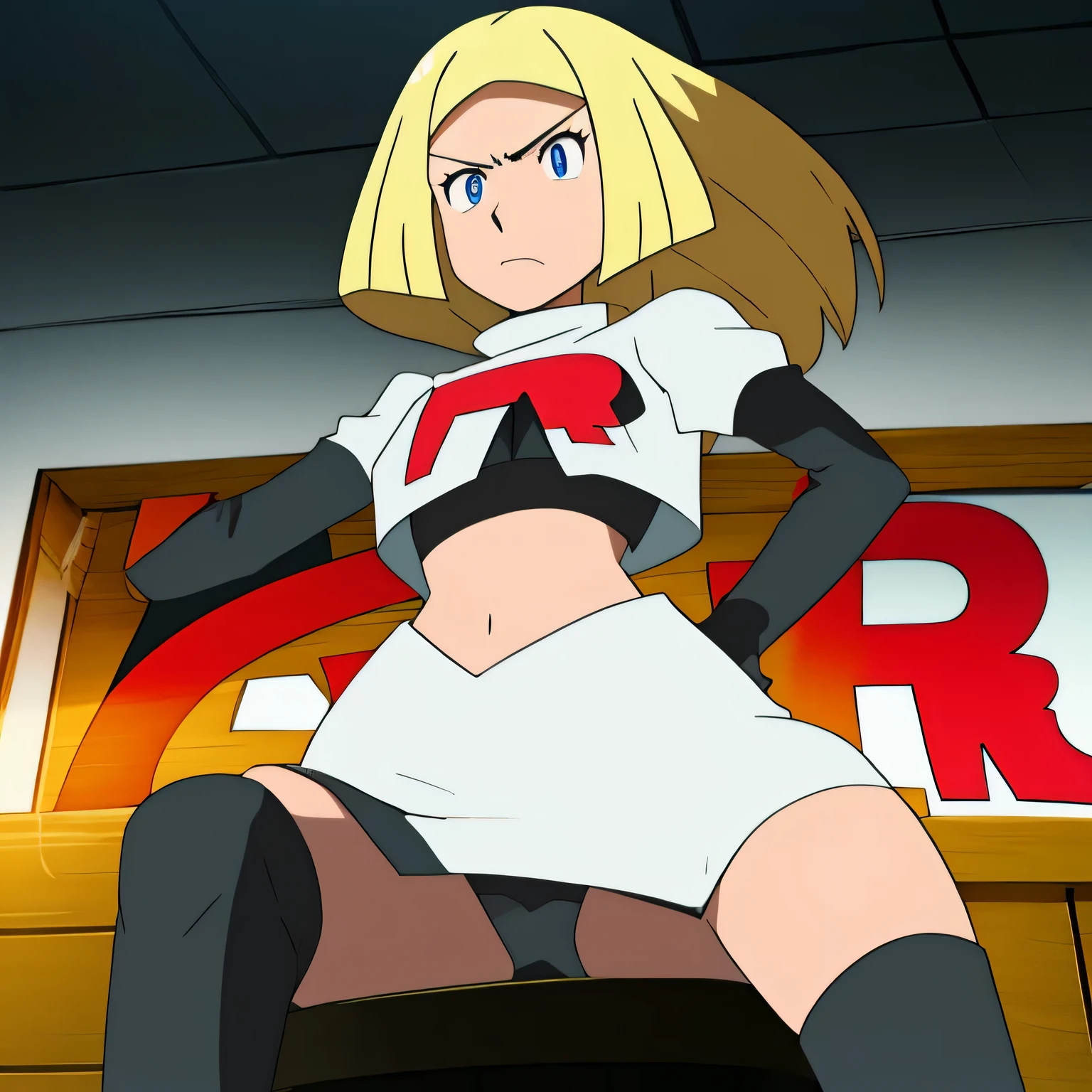 zelda, crown braid,short hair,blonde hair,masterpiece,best quality,high res,high quality,8k, masterpiece,highres, team rocket uniform, red letter r, white skirt,white crop top,black thigh-high boots, black elbow gloves, glaring angrily, looking down at viewer, hands on hips, cowboy shot, zettai ryouiki,sitting on toilet.spread legs,from below, black panties,detailed facial features, highly detailed, 8k, photorealistic, vibrant colors, dramatic lighting, cinematic composition,
