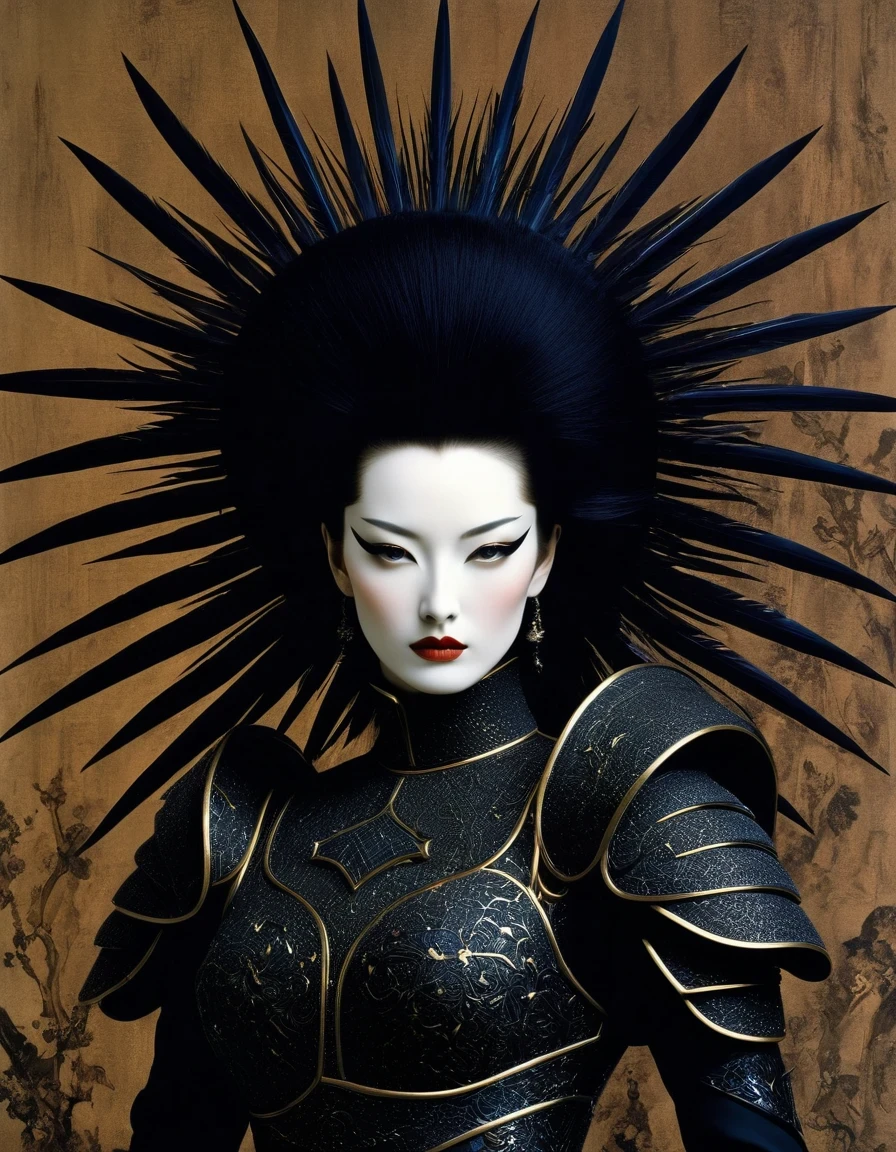 Avant-garde and elegant female warrior in tight combat uniform,Serge Lutens is known for his avant-garde elegance。His works continue to transcend the boundaries of traditional aesthetics,Combining elements of surrealism and futurism,While maintaining elegance。Lots of different weapons,Sophisticated yet provocative,background:battlefield