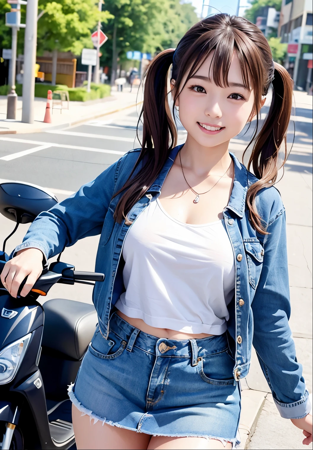 (highest quality,masterpiece:1.3,Ultra-high resolution),(Very detailed、Caustics) (Realistic:1.4, RAW shooting、)Ultra-Realistic Capture、Very detailed、Natural skin texture、masterpiece、(Japanese woman wearing a t-shirt, mini jeans skirt and jacket:1.3), Adorable expression、Expressions of happiness、、Height: 160cm、Young Face、Agly cute、Twin tails、Straight hair、Scrunchie、Black Hair、light makeup、necklace、H cup big breasts、Shining thighs、Background in detail、smile、An inviting gaze、Anatomically correct、Cowboy Shot、Attention to detail、Photographed on the main street of a summer resort、Empty Hands、sequin t-shirt、Get on a scooter and take control、