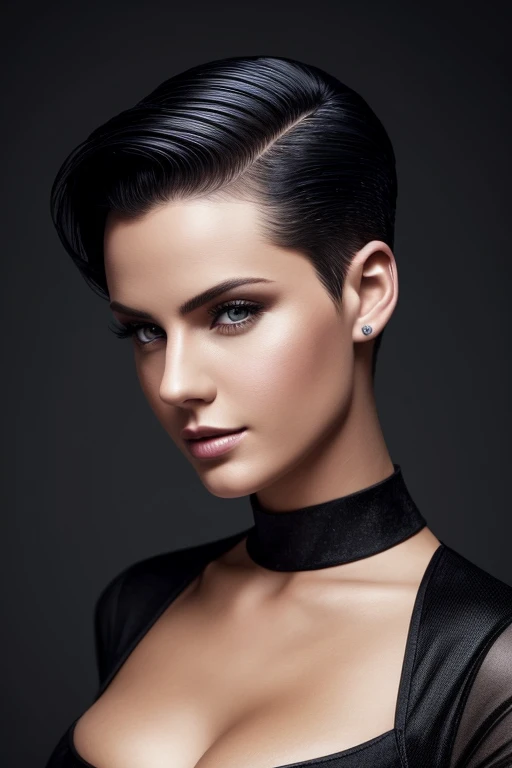 Gorgeous european woman with short hair, short hair, wet hair, hair slicked back, combed straight back, slick hair, black gradient hair, dressed as a princess, cleavage, solid dark grey background