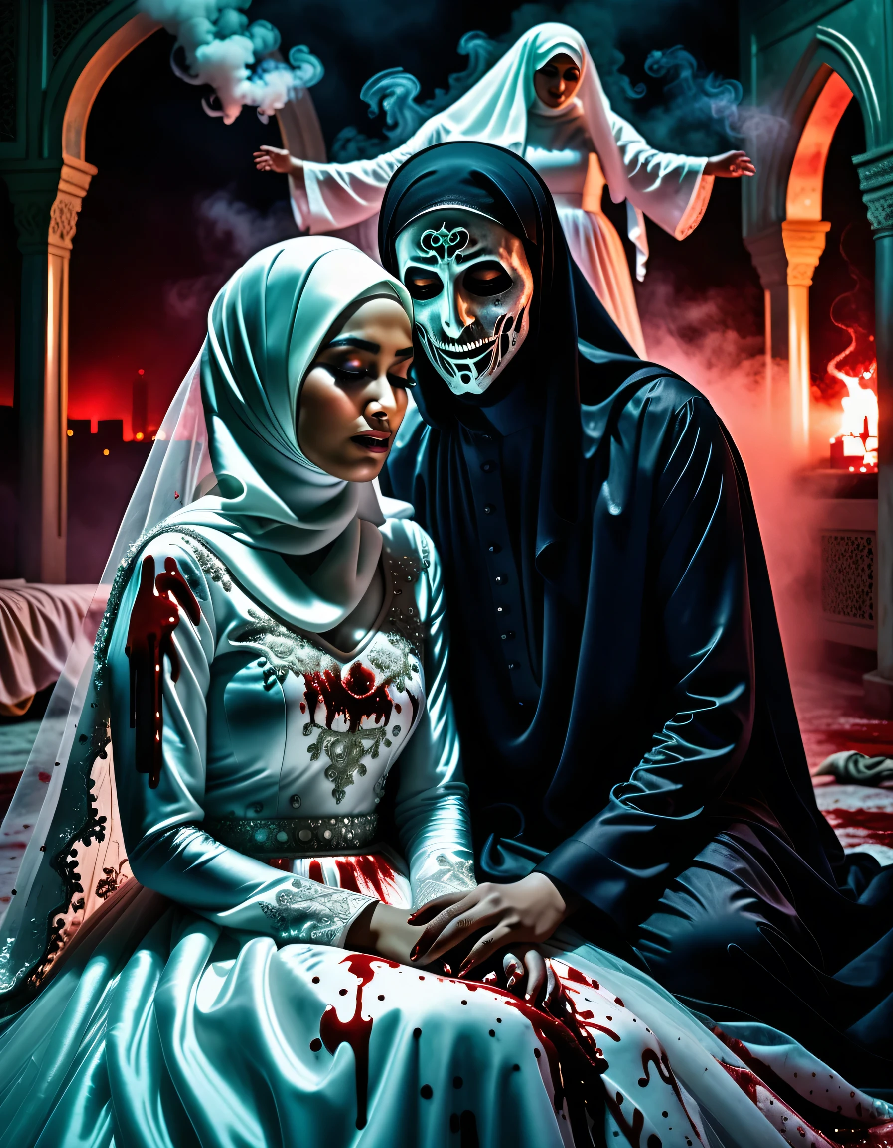 a woman wearing a hijab wearing a wedding dress sleeps with a very scary ghost figure man, lots of blood, night view with scary scene, smoke effect, looks like a movie