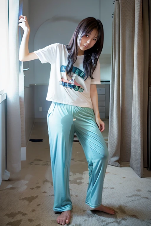 Japanese Girl thin body wearing a white short-sleeved t-shirt sees the ghost and pees her light blue loose pajama pants until his pants are wet pants in fright.