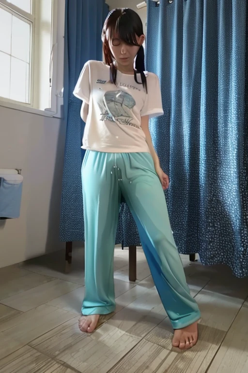 Japanese Girl thin body wearing a white short-sleeved t-shirt sees the ghost and pees her light blue loose pajama pants until his pants are wet pants in fright.