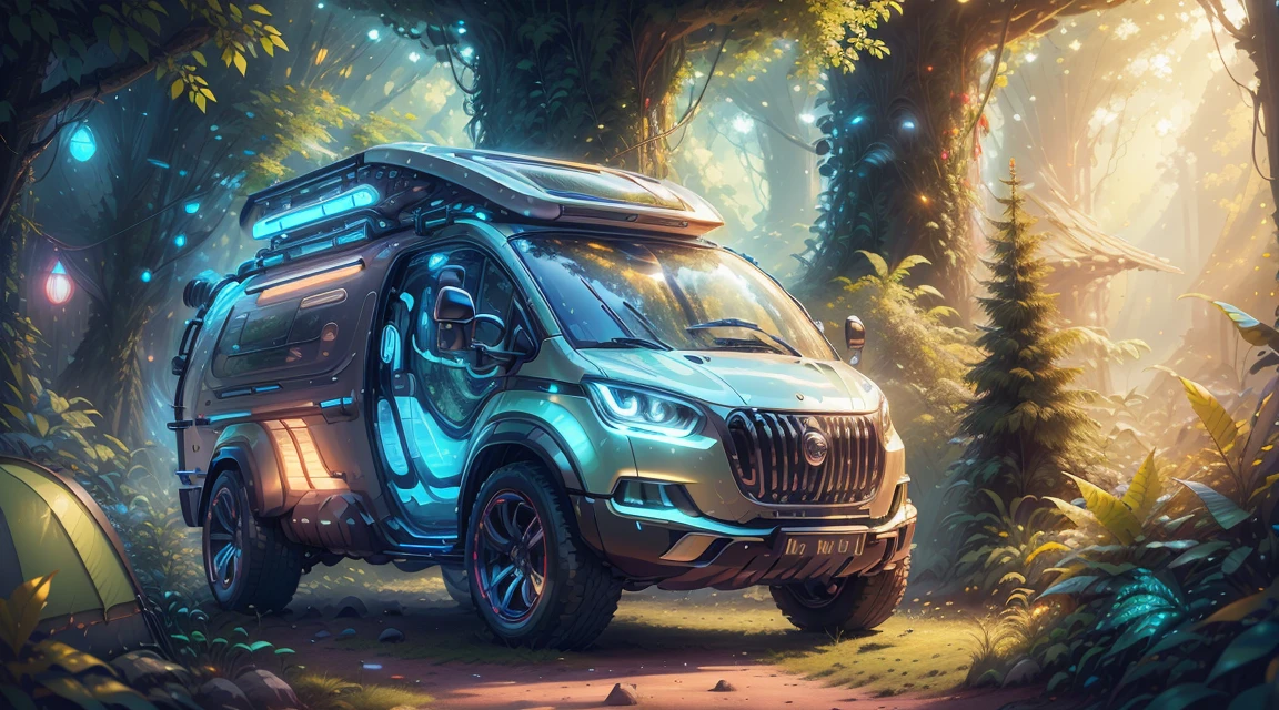 tmasterpiece，Ultra-high resolution，photograph realistic：1.4， Super detailed，[A futuristic(SolarpunkAI:Campervan),Colorful LED lights,Smooth curves,(streamlined line design)]。cozily, camping, vivd colour, Reflection,Surrounded by nature,lush landscape。concept-art, best qualtiy，