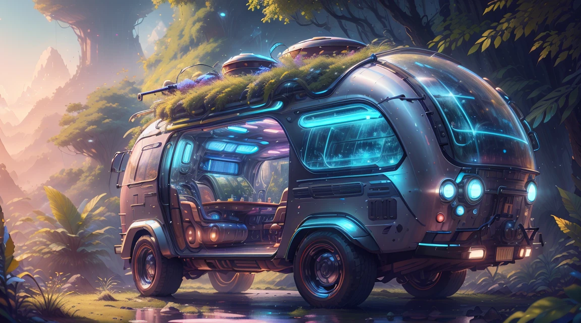 tmasterpiece，Ultra-high resolution，photograph realistic：1.4， Super detailed，[A futuristic(SolarpunkAI:Campervan),Colorful LED lights,Smooth curves,(streamlined line design)]。cozily, camping, vivd colour, Reflection,Surrounded by nature,lush landscape。concept-art, best qualtiy，