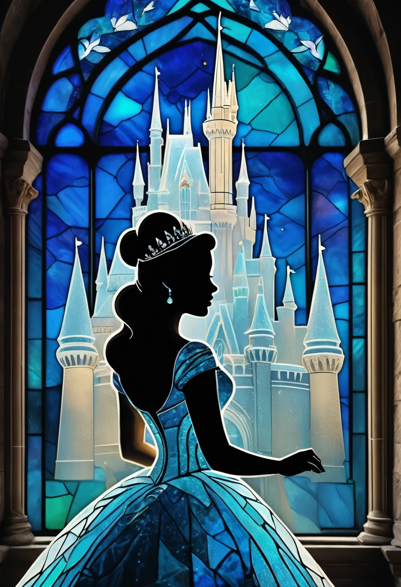 1Bride attire, ((silhouette art)), (Double Exposure:1.5), Close-up, face focus, (blue Moon;1.4) Cinderella Castle, Effect of alexandrite, improve, complex, (best quality, masterpiece, representative work, official art, professional, Stained Glass Background:1.3)