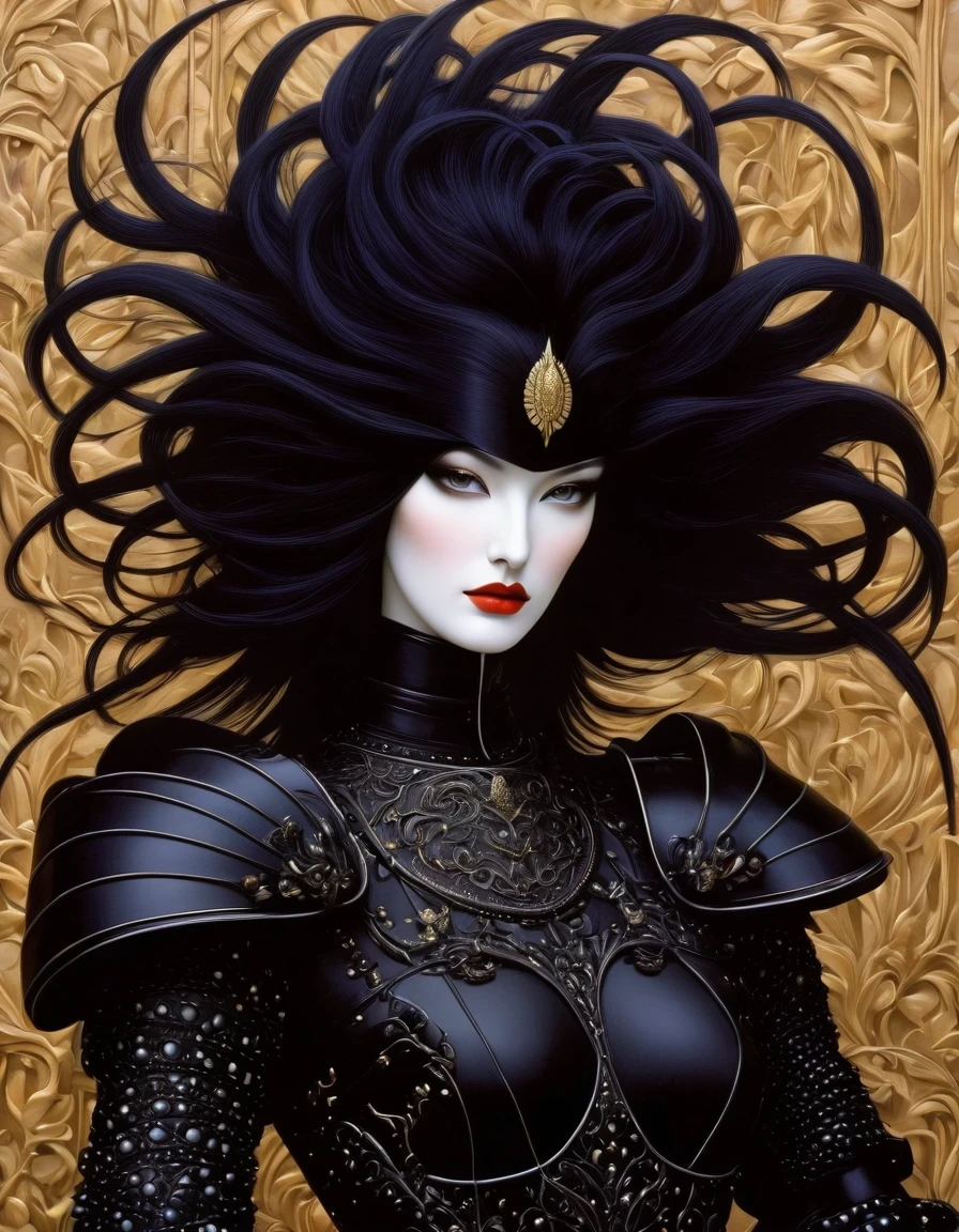Avant-garde and elegant female warrior in tight combat uniform,(whole body),Serge Lutens is known for his avant-garde elegance。His works continue to transcend the boundaries of traditional aesthetics,Combining elements of surrealism and futurism,While maintaining elegance。Lots of different weapons,Sophisticated yet provocative,background:battlefield