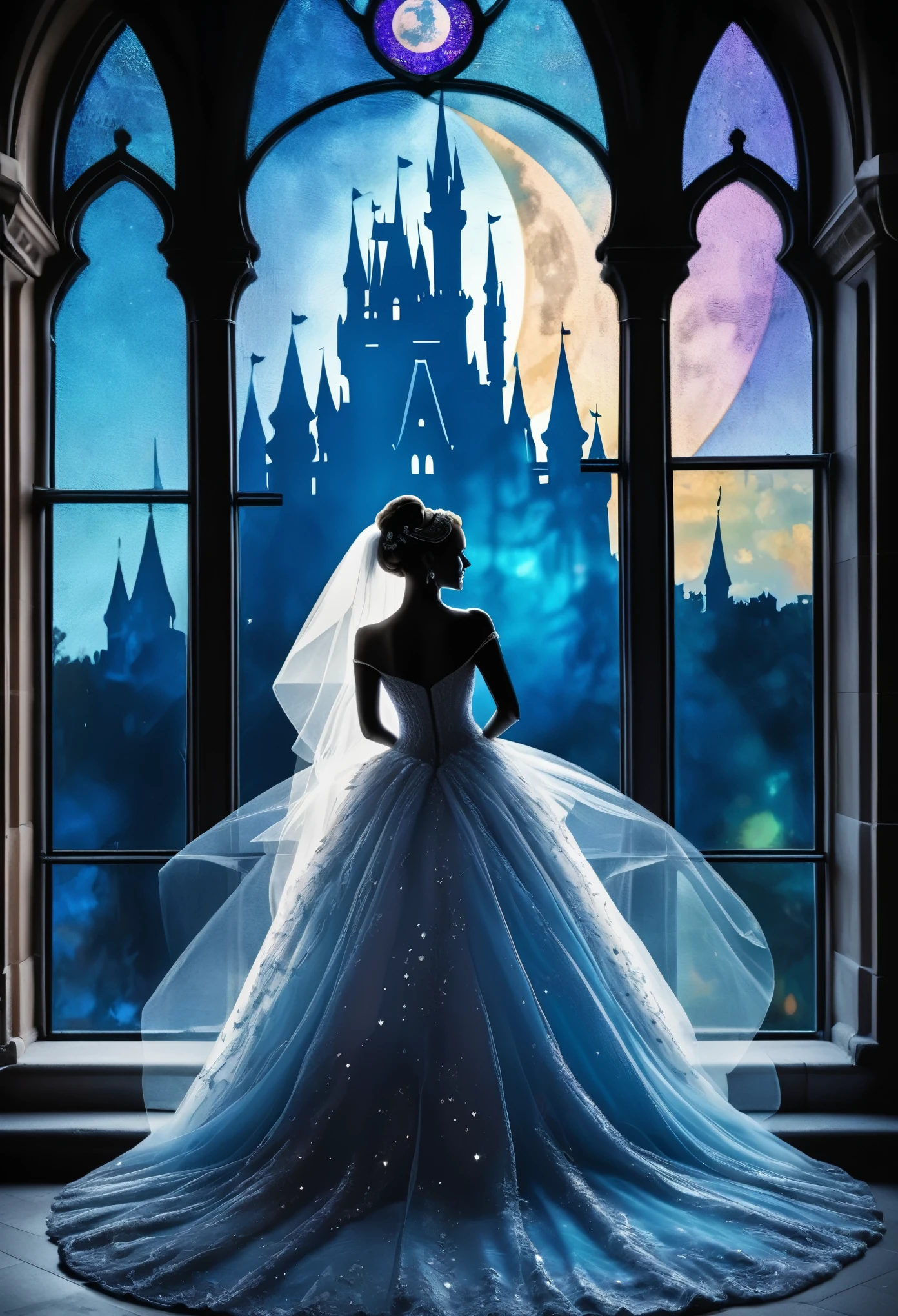 1Bride attire, ((silhouette art)), (Double Exposure:1.5), Close-up, face focus, (blue Moon;1.4) Cinderella Castle, Effect of alexandrite, improve, complex, (best quality, masterpiece, representative work, official art, professional, Stained Glass Background:1.3)