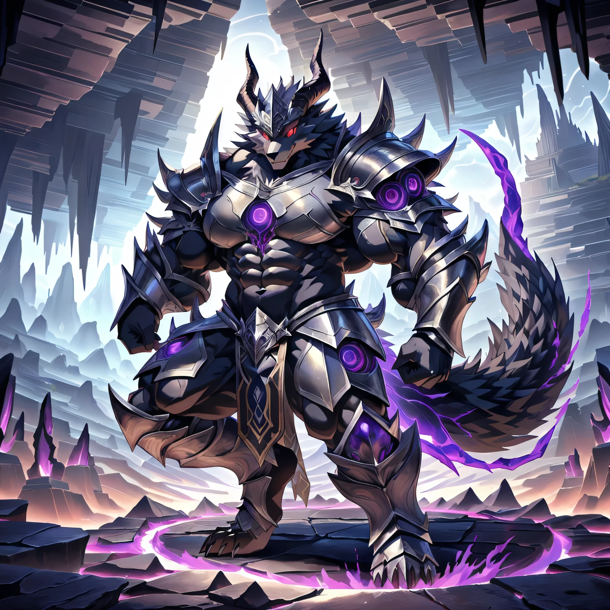 masterpiece, ultra detailed, multicolored eyes, calamity being, solo focus, male, ((multi-eyed wolf| red eyes)), demon wolf, big horn, nice shape body, (silver armor:1.6), (loincloth:1.2), sharp claw glove, big snout, sharp teeth, (fluffy demonic tail:1.5), (multi-eyed:1.3) (corruption void rift:1.7), full body, anthro, (bodybuilder body:1.8), reflective, dispersion, (dimensions power:1.5), rift makers, (ethereal, nightmare fuel), (night background), detailed body, detailed face, (kemono), perfect eyes, realistic eyes, detailed eyes, swaying, shadowverse, cygames, official art, video games, digitigrade, 16k wallpaper, HD, satisfied art