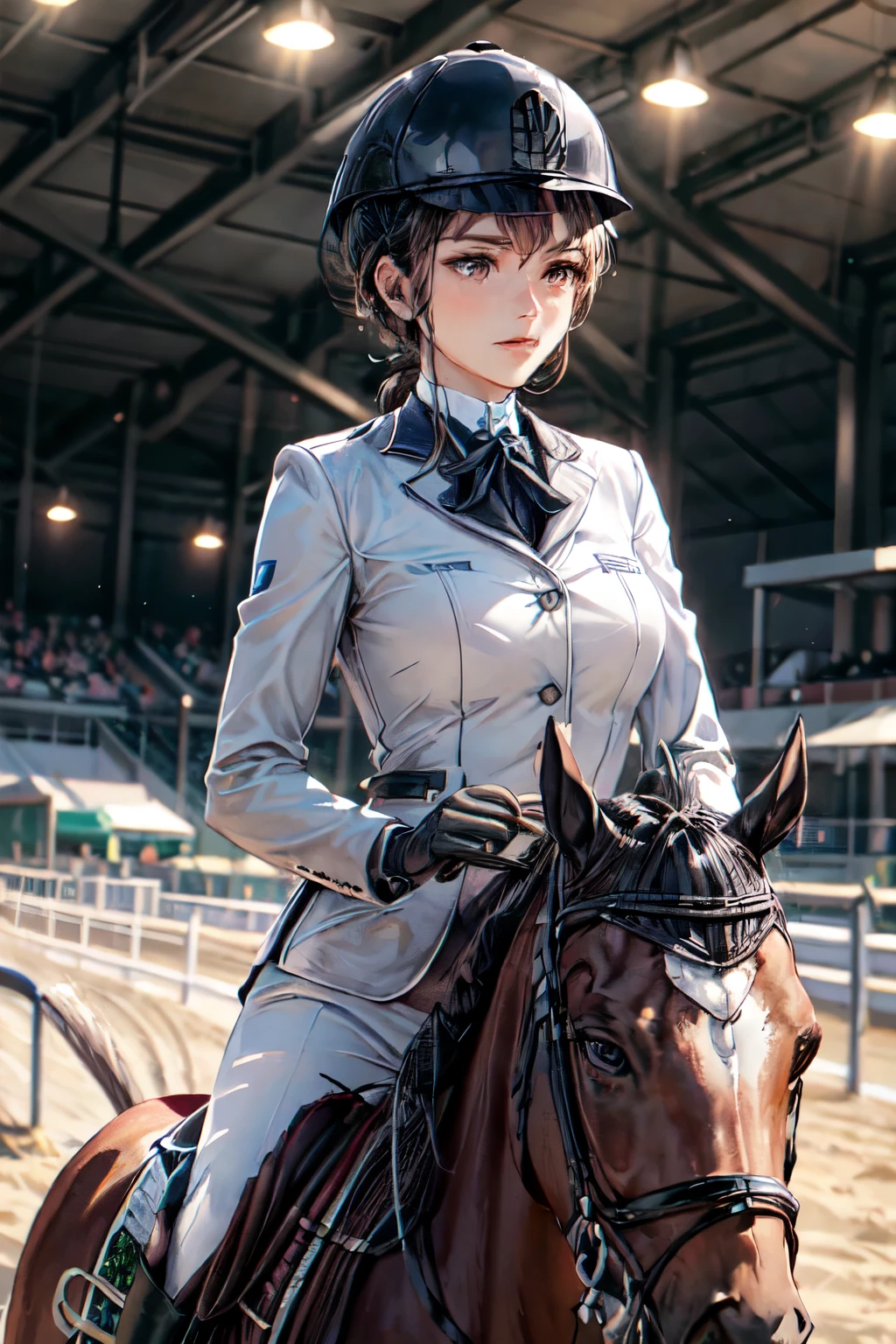 best quality, masterpiece, a woman, (wearing equitation_outfit, wearing cap:1.1), white equitation_outfit, good hand, head:1.3,finely detailed skin, sharp focus, (cinematic lighting),  dynamic angle,  breasts, outside, Racetrack background,  Depth of Field