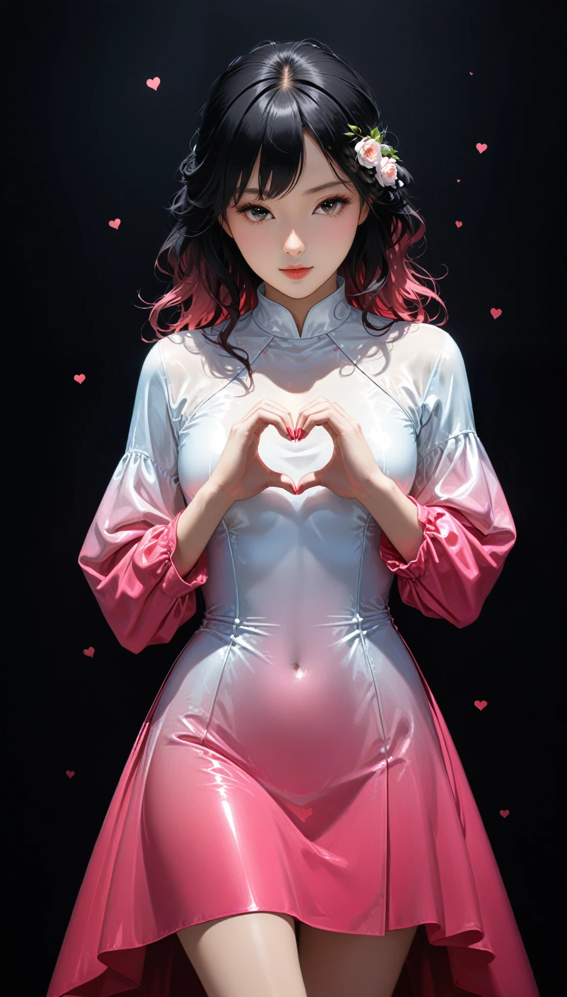 (in style of Jeffrey Catherine Jones,:1.0),(in style of by Liu Ye:0.9),
cowboy_shot,(1 girl solo:1.1),Heart,(heartbeat:1.1),multi-layered long-sleeved dress,((pink) to white gradient) flower paper cut layer,(heart hands:1.3)
BREAK
dark_background,reflective fabrics,(gradient clothes:1.2),