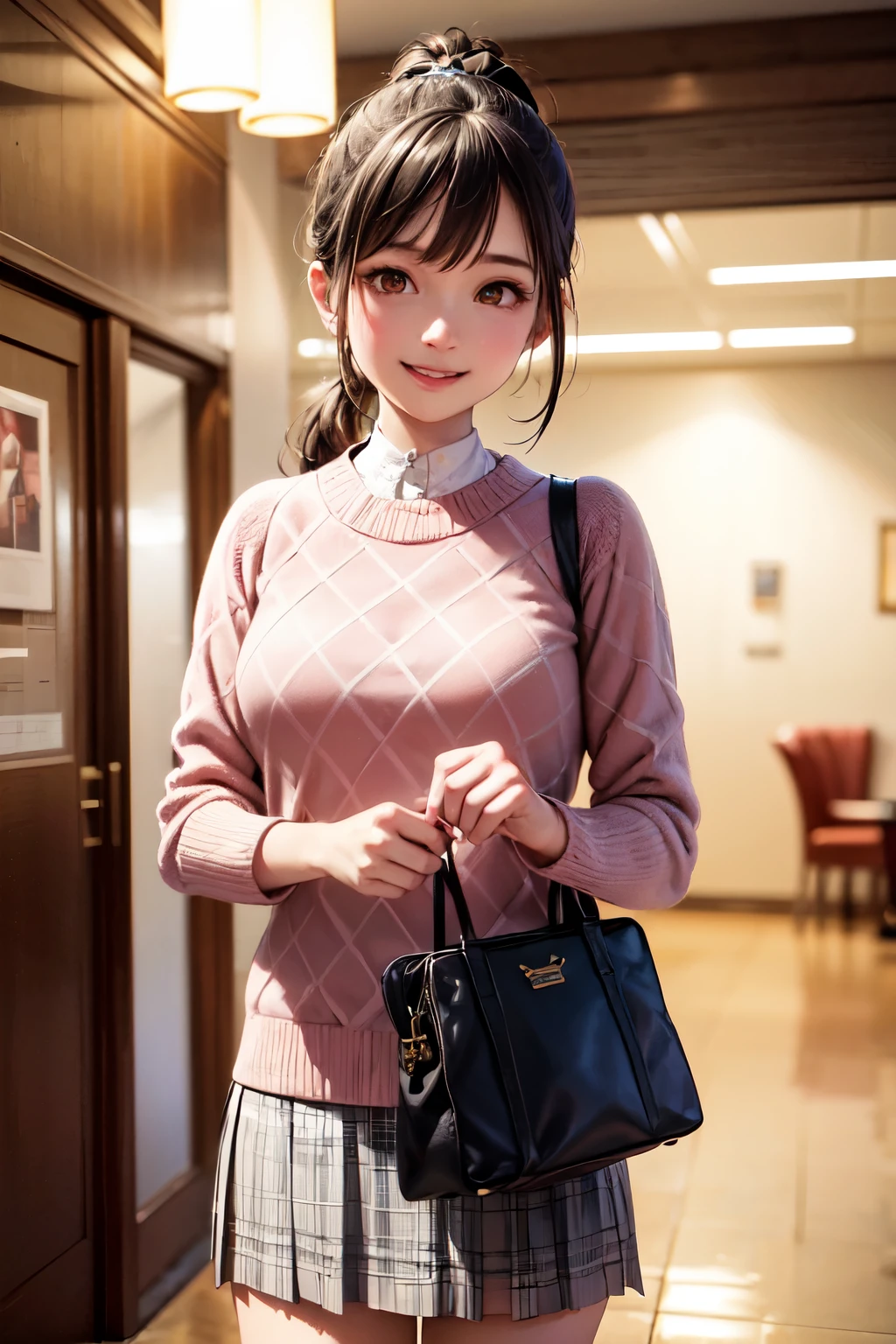 very cute and beautiful girl,(highly detailed beautiful face and eyes),
(smile:1.25),happy,embarrassed,looking at viewer,(argyle pattern sweater),cowboy shot,(white and pink plaid skirt),
standing in front of hotel entrance in modern capital city,night,holding tote bag,black hair,low ponytail,
(best quality,masterpiece),absurdres,highres,ultra-detailed,extremely detailed,32k,8k resolution,
intricate details,cinematic scene,detailed background,solo,dynamic angle,