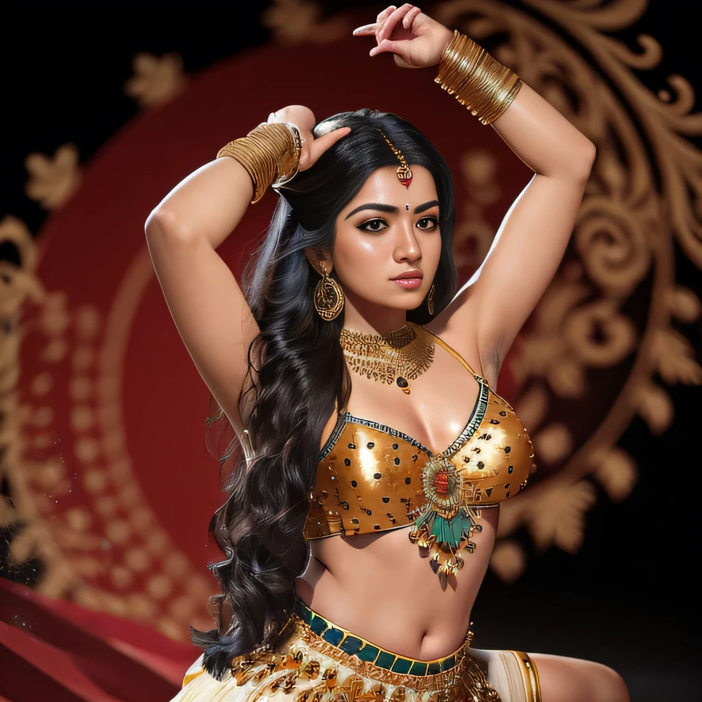 (highres,realistic),23-year-old,masterclass dancer,Indian,(beautiful:dancer,georgeous:dancer),(long black hair,expressive,detailed eyes),(graceful,dynamic poses),(traditional costume:1.1),(detailed jewelry),(vibrant colors),(studio lighting),(dance performance),(colorful background),(professional),(sharp focus),(high level of detail),(3D rendering),(artistic),(physically-based rendering),(emotionally engaging)