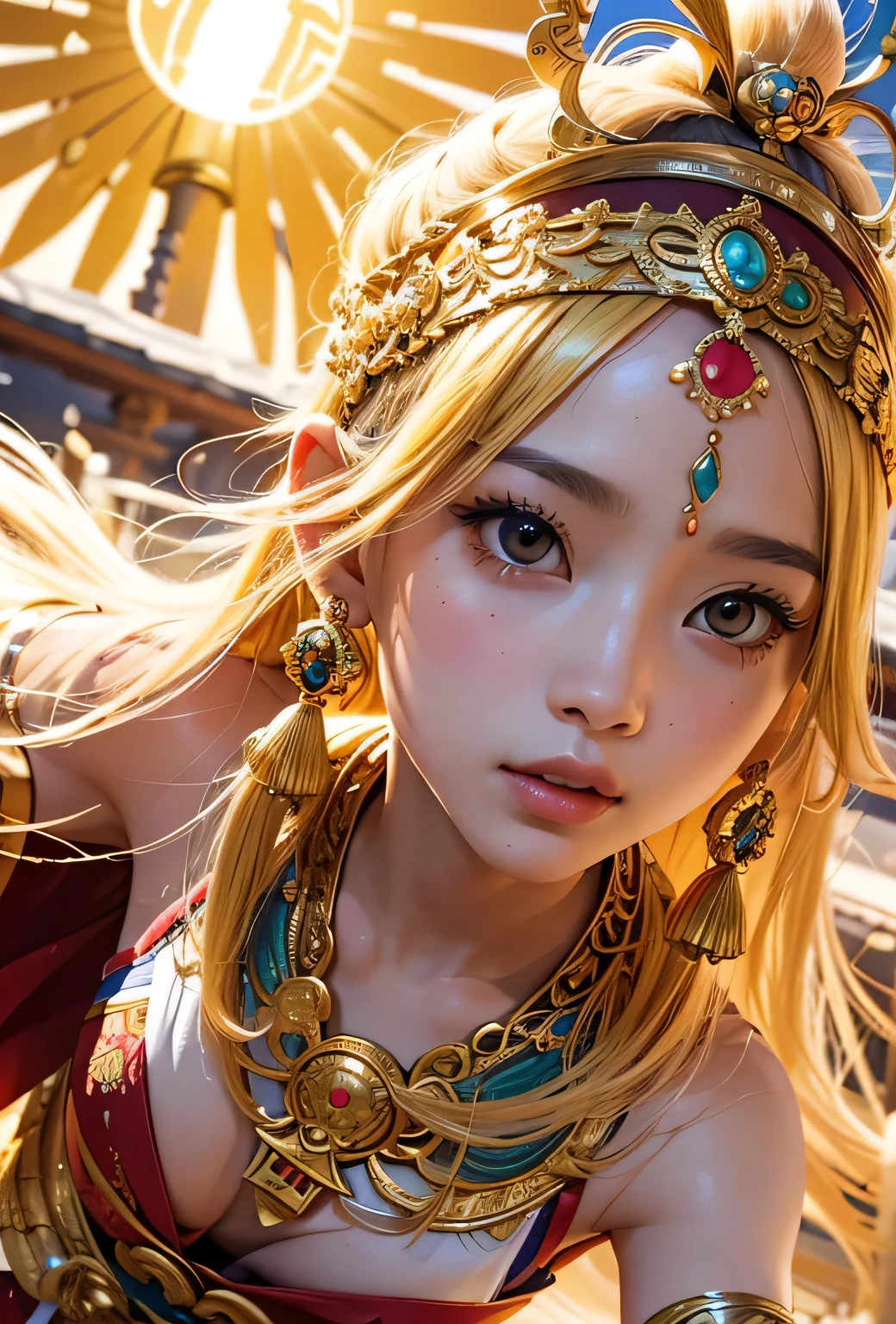 "Child of the Sun, Goddess of Love": Within a sacred sanctuary bathed in sunlight, depict the figure of a sun goddess who governs love, facing forward and emanating divine radiance. She is a , around . Zoom in to focus on her face, with a gleaming orb of light in her hands, representing the life-giving power of the sun. Her hair is shimmering gold, and she is wearing a traditional miko outfit as seen in Japanese shrines. The background should be predominantly gold, evoking a sense of divine splendor, with numerous heart-themed objects expressing the beauty of love. The setting is in heaven, enveloped in soft, bright light, where one can find tranquility and peace of mind, free from any trace of anxiety.