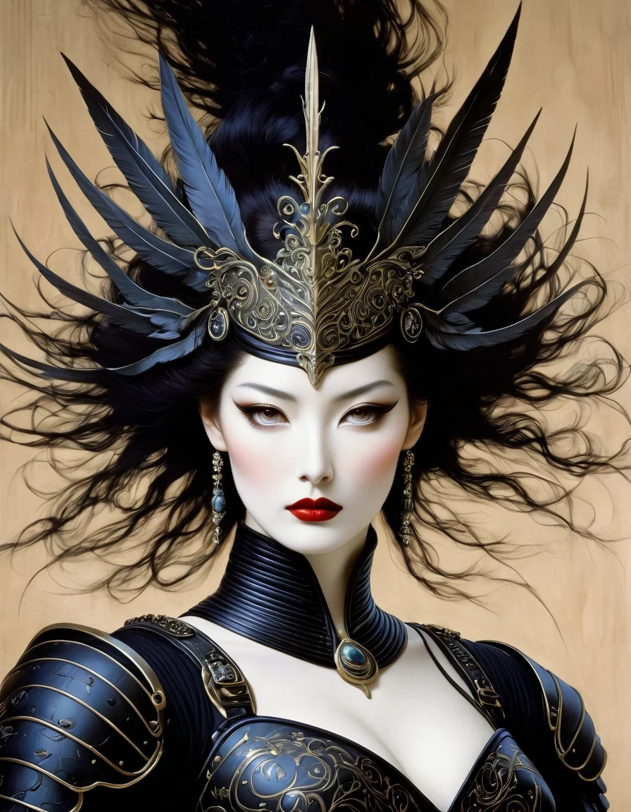 Avant-garde and elegant female warrior in tight combat uniform，Serge Lutens is known for his avant-garde elegance。His works continue to transcend the boundaries of traditional aesthetics，Combining elements of surrealism and futurism，While maintaining elegance。Lots of different weapons，Sophisticated yet provocative，background：battlefield