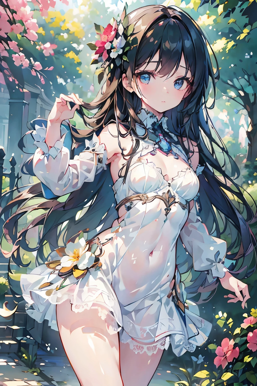 A beautiful  girl in a white tutu, dancing gracefully in a lush garden, (best quality,4k,8k,highres,masterpiece:1.2),ultra-detailed,(realistic,photorealistic,photo-realistic:1.37),beautiful detailed eyes,beautiful detailed lips,extremely detailed eyes and face,longeyelashes,porcelain skin,lithe dancer's physique,elegant posture,flowing movements,sunlight filtering through trees,flowers blooming all around,ornate garden trellis,cobblestone path,impressionist landscape painting