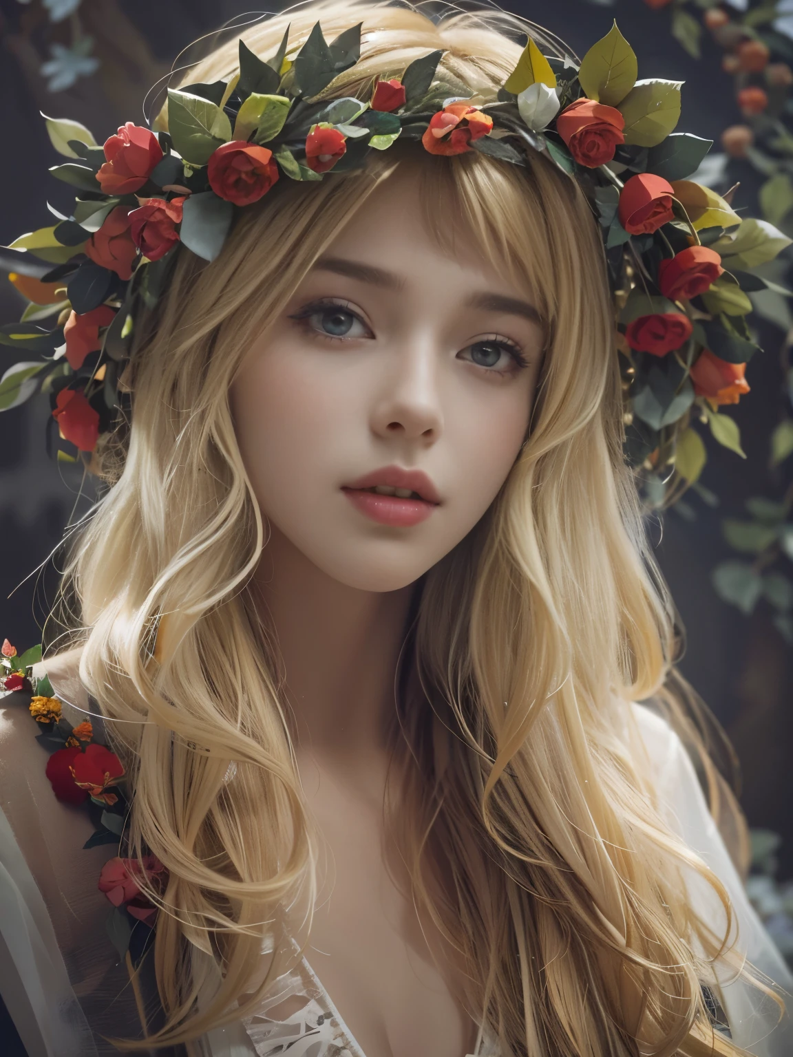 Ultra-high resolution, highest quality, photograph, 4K, (Realistic:1.4), Girl with a wreath on her head, Long Blonde Hair