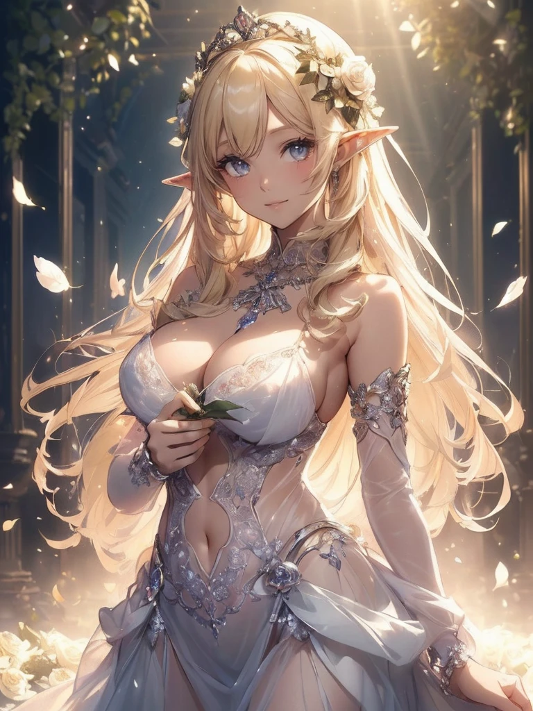 最high quality、1 womanエルフ NP: Worst quality ,flower fractal fine art Bigger on the front、Holding a bouquet of white roses in both hands、Present a bouquet of white roses、((have a white roses bouquet、)) Beautiful sparkle,High-definition depiction, Realistic, 8k, Unity, ,mosquitoウボーイショット, light smile, Beautifully and vividly drawn, , Beautiful, beautiful, clear skin、 white dress , , Beautiful Forest、Beautiful Landscape、 Romanticism,mosquito。 The most beautiful form of chaos, Mr..々color, Intertwined flowers, particle,Magical gentle light,smile,sexy,image quality、masterpiece、Beautiful Face、Super beautiful elf woman((Big breasted 22 year old office lady、Bust 90,Beautiful long ironed hair、blonde、height: 165cm。、sexy、Esbian、、high quality、、Visual Arts、最high quality、1 womanエルフ NP: Worst quality ,Flower fractal art Marble pillar、、、light、Beautiful radiance,High-definition depiction, Realistic, 8k, Unity, , light smile, Beautifully and vividly drawn, , Beautiful, beautiful, clear skin、sexy ((see-through bodystocking,))Countless rays of light pouring down, Swirling Light, big background, , Intense light is emitted from the magic flower circle in front of the girl. Romanticism,Cowboy Shot: The most beautiful form of chaos, Mr..々color, Intertwined flowers, Particle,magical gentle light,smile,,image quality、masterpiece、Beautiful Face、Super beautiful elf woman((Big breasted 22 year old lady、、Bust 90,Beautiful long ironed hair、blonde、height: 165cm。、Esbian、、high quality、Visual art、Written boundary depth、、Elf Ears、、universe、Happy smile、Gentle light、Elf forest、elegant、ticker beautiful decorative、、magic、forest、Beautiful tiara、Beautiful bed、A kind smile、wonderful、Fluttering petals、Dance happily、、Cultivate fantasy、、Mystery light Lots of flowers、、art、art,mystery,Ultra-high resolution,atmosphere 最high quality、