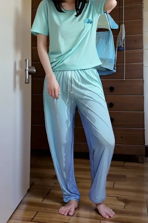 Japanese Girl thin body wearing a white short-sleeved t-shirt sees the ghost and pees her light blue loose pajama pants until his pants are wet pants in fright.
