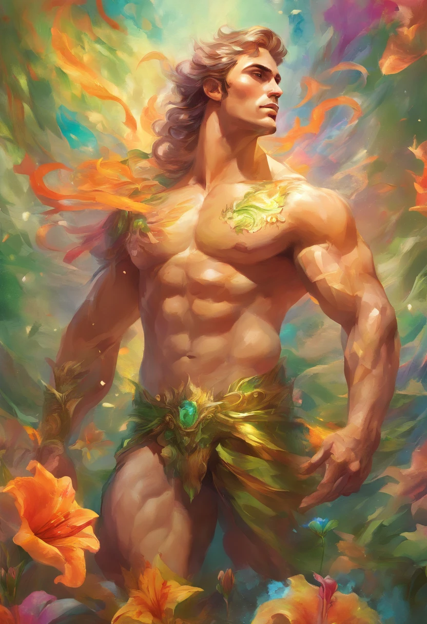 A strong, manly, naked man in an explosion of rainbow-colored translucent lilies, ((strong and muscular body, realistic)),Rendered by Octane,Unreal Engine,Rococo Paper Cut,Green and White Watercolor