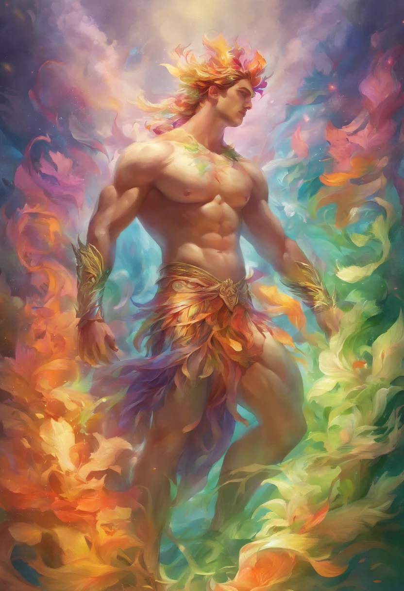 A strong, manly, naked man in an explosion of rainbow-colored translucent lilies, ((strong and muscular body, realistic)),Rendered by Octane,Unreal Engine,Rococo Paper Cut,Green and White Watercolor