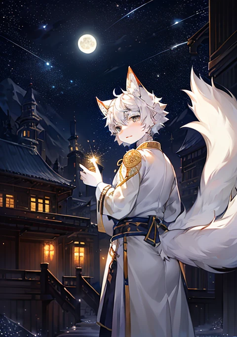 (Starry_Sky, moon, new moon_moon, night_Sky, night, shooting_Star, Sky, galaxy, Starry_Sky_，Antique architecture，Tang Dynasty，ink，Ink printing), male_key point,Broken white cube，Floating white cannon，,hairy, 1 boy,Cat,  (detailed_background,amazing_background),White fur,  Cat男孩，White clothing, Cat尾巴,(Many Tails), Gray eyes, white hair,detailed face,detailed eyes,Head tilt, from the side, SFW,