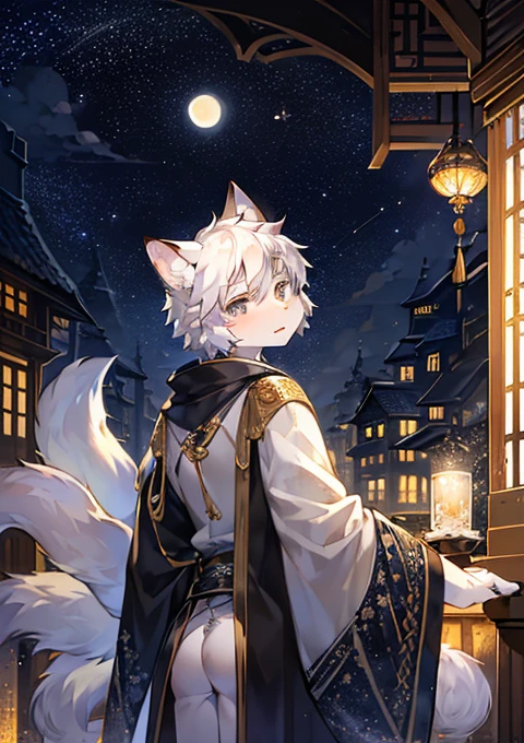 (Starry_Sky, moon, new moon_moon, night_Sky, night, shooting_Star, Sky, galaxy, Starry_Sky_,Antique architecture,Tang Dynasty,ink,Ink printing), male_key point,Broken white cube,Floating white cannon,,hairy, 1 boy,Cat, (detailed_background,amazing_background),White fur, Cat男孩,White clothing, Cat尾巴,(Many Tails), Gray eyes, white hair,detailed face,detailed eyes,Head tilt, from the side, SFW,