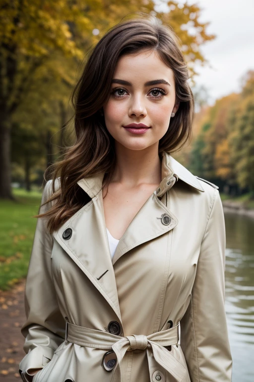 (best quality, 4k, 8k, highres, masterpiece:1.2), ultra-detailed, realistic, (photorealistic:1.37), beautiful detailed eyes, beautiful detailed lips, extremely detailed face, long eyelashes, intimate view, classic oil painting, soft lighting, vibrant colors, warm tones, atmosphere, young and beautiful, Lucy Hale, slim and slender, timid expression, random hairstyle, detailed hair, flawless skin texture, perky, gentle breeze, sexy and feminine pose, light smile, short trench coat unbuttoned, walking in a park next to a river, Denmark, winter time, afternoon, {{{Front POV}}}.