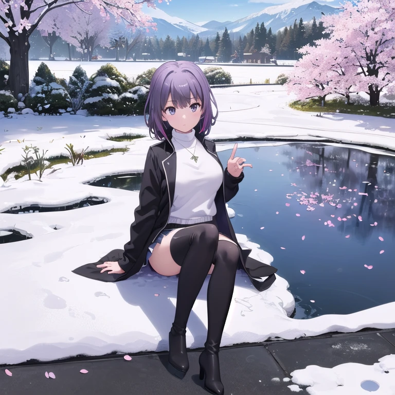 (((One girl))),(((full body shot))),Purple Hair,((Haruno YukinoshitaFull Body)),(masterpiece:1.2), highest quality,((((High resolution)))), unity 8k wallpaper, (shape:0.8), Highly detailed face, Perfect lighting, Highly detailed CG,(((garden))),(Big Breasts),((((Black jacket)))),((((White sweater)))),((((Black tight skirt)))),(((((Black long boots))))),((((Black pointed toe))))、((((Black stiletto heels))))、((((Thin legs)))),short hair,(White panties),(Put your hand on your skirt),Panchi et al.,((blue sky)),((((Open your jacket)))),(((((Intensify the colors))))),(((Snow Scene))),((Cherry Blossom Scenery)),((Sit on the ground in front of the pond)),((Feet sinking in the pond)),((Diamond Necklace))