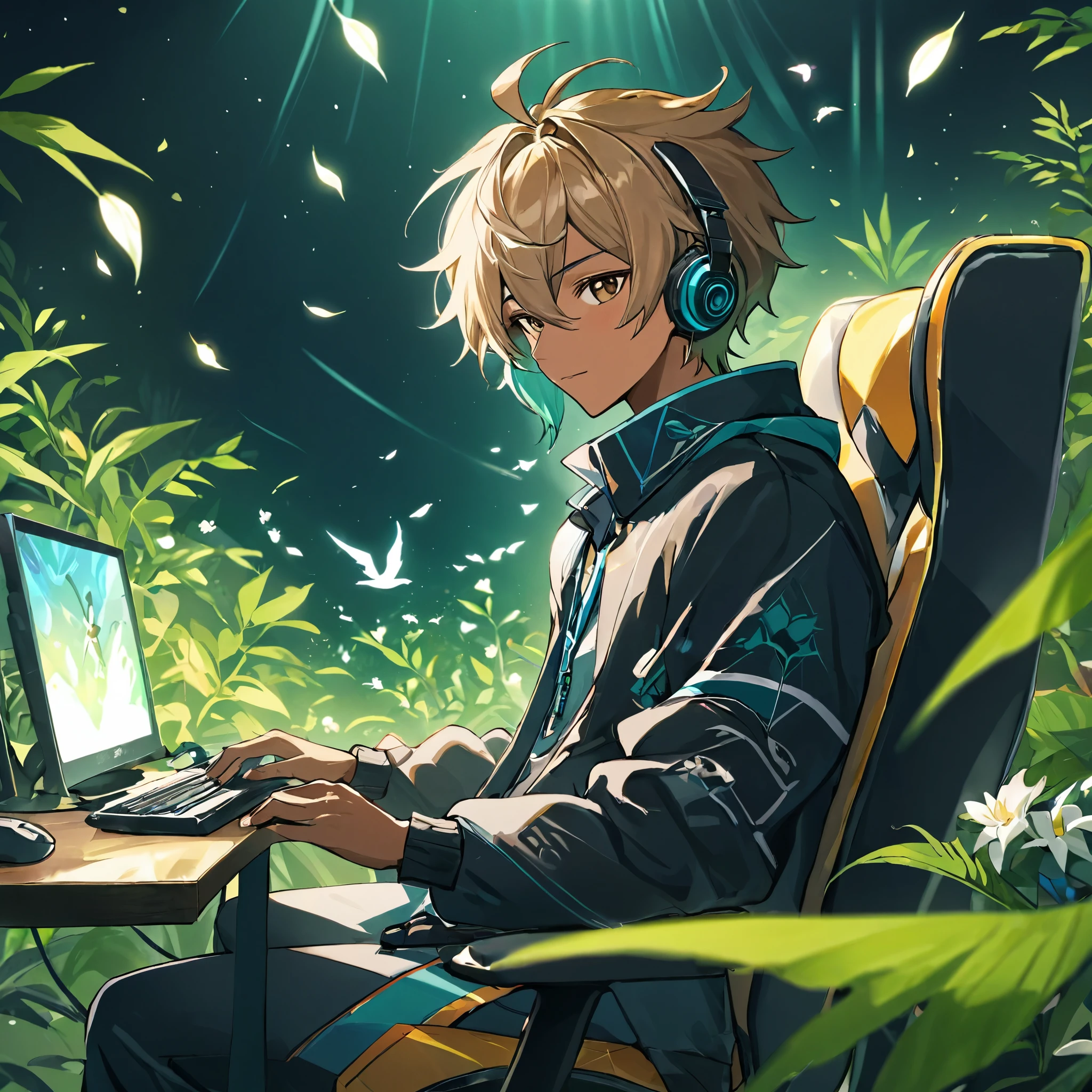 Anime - Stylish image of a men sitting on a gaming chair and playing computer games, Men with tan skin, nightcore, Official artwork, hq artwork, vocaloid, ho****ve, 2d art cover, From Arknights, An anime cover, 8K!, 2 d anime style, hack, Best anime 4k travel wallpaper ，genshin impact perssonage, There were leaves and birds flying all around, Flowers flutter around in circles