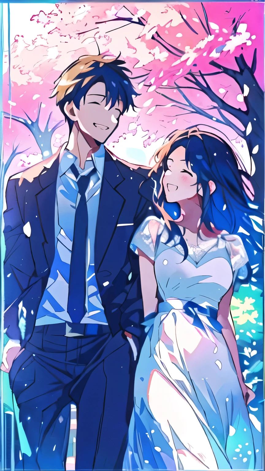 Anime couple in formal attire walking together in front of a tree, Lovely couple, Sakimichan and Makoto Shinkai, Couple pose, High quality fan art, makoto shinkai and artgerm, Romantic couple, comics, guweiz and makoto shinkai, shoujo romance, In the style of Makoto Shinkai, Happy couple