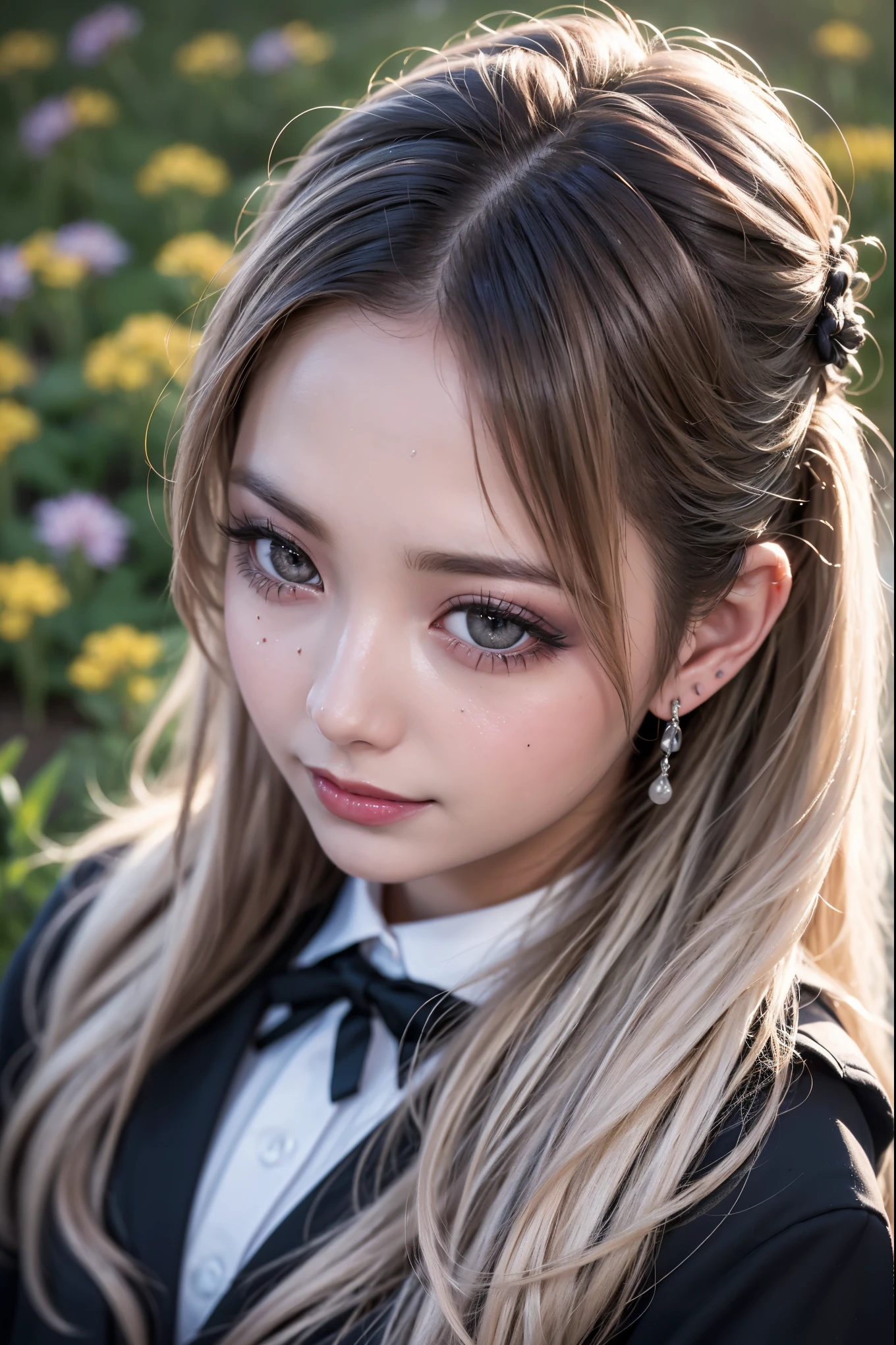 Realistic, masterpiece, highest quality, Highest Resolution, Soft Light, Professional Lighting, Backlight, Film Grain, The background is blurred, Japanese , 16 years old, Upper body photo, Looks sleepy, inattention, Grinning, Open your mouth, Beautiful and detailed eye drawing, (Droopy eyes:1.3), Dark Eyes, Thin eyebrows, Draw eyelashes carefully, Eyelash extensions, Gal Makeup, Orange Cheek, (White brown wavy hair, Long Hair, Hair tied back, middle part:1.3), (Hidden eyelid wrinkles:1.3), (Gothic uniform:1.2), (The subject was photographed from above at an angle, The model is turned to the side:1.3), (Flower Field:1.3), (Face close-up:1.5)