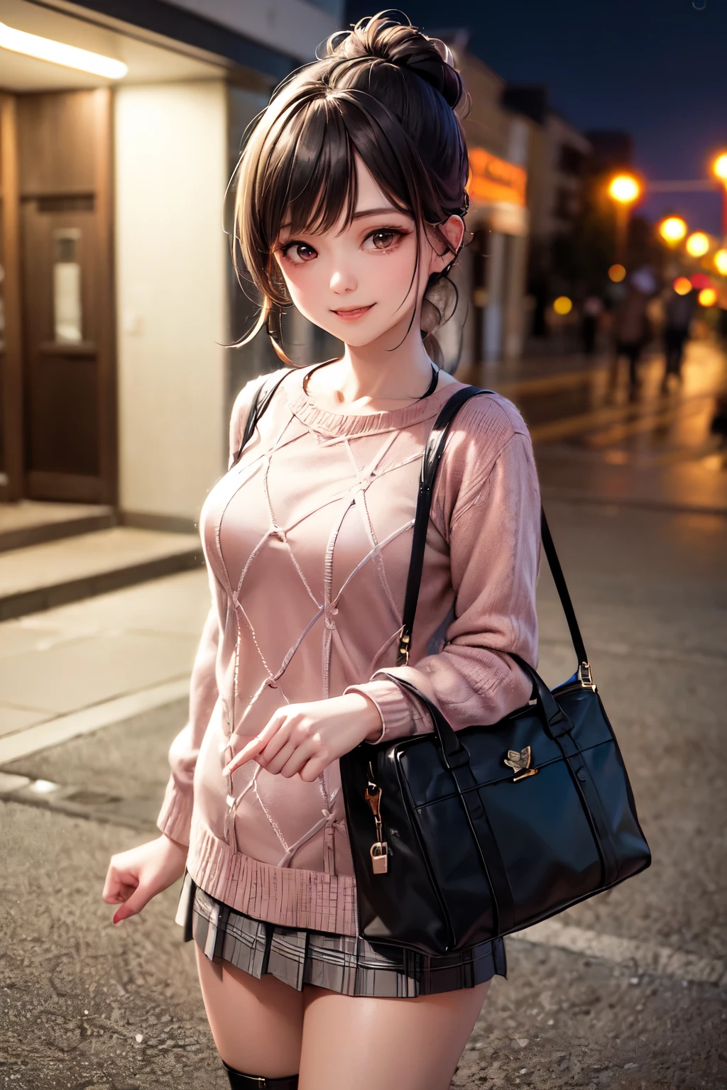very cute and beautiful girl,(highly detailed beautiful face and eyes),
(smile:1.25),happy,embarrassed,looking at viewer,(argyle pattern sweater),cowboy shot,(white and pink plaid skirt),
standing in front of hotel entrance in modern capital city,night,holding tote bag,black hair,low ponytail,
(best quality,masterpiece),absurdres,highres,ultra-detailed,extremely detailed,32k,8k resolution,
intricate details,cinematic scene,detailed background,solo,dynamic angle,