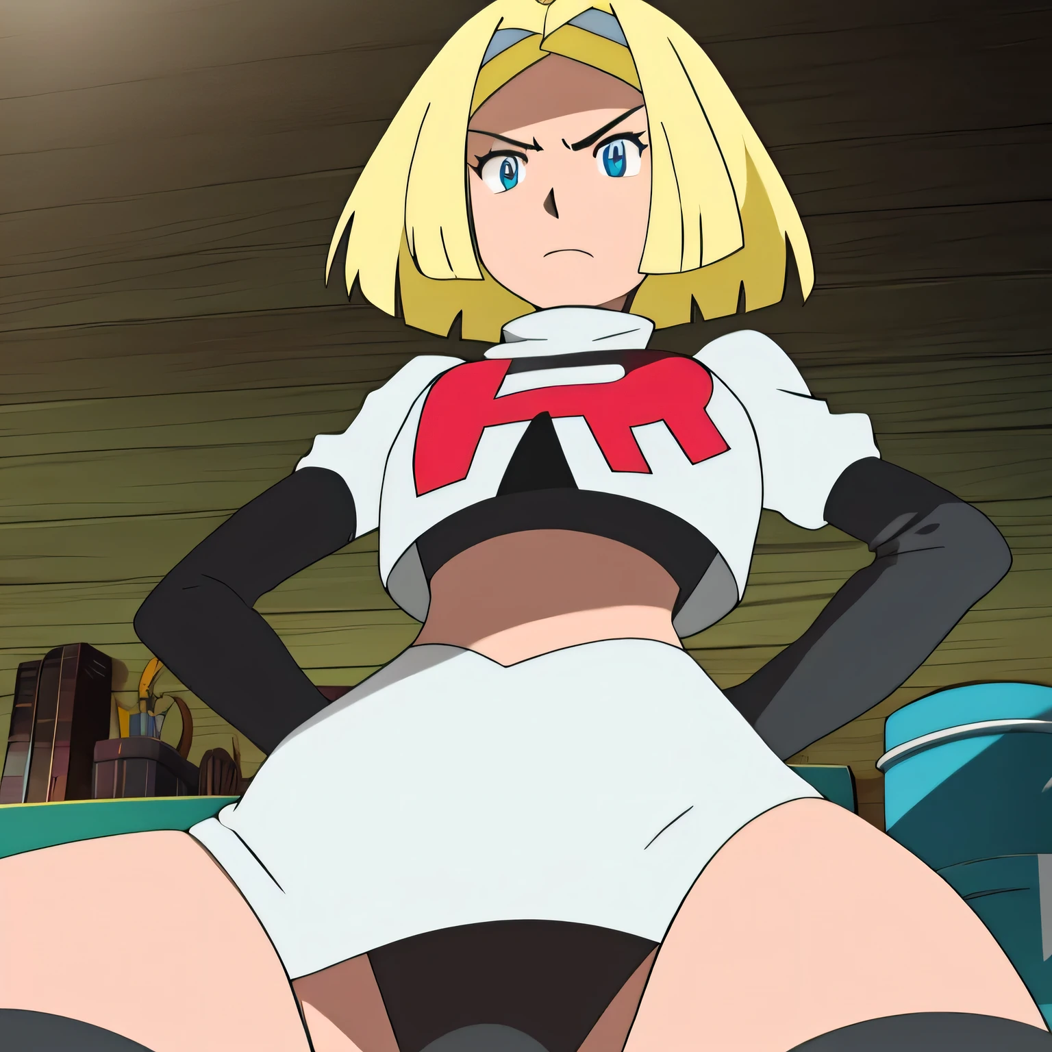 zelda, crown braid,short hair,blonde hair,masterpiece,best quality,high res,high quality,8k, masterpiece,highres, team rocket uniform, red letter r, white skirt,white crop top,black thigh-high boots, black elbow gloves, glaring angrily, looking down at viewer, hands on hips, cowboy shot, zettai ryouiki,sitting on toilet.spread legs,from below, black panties,detailed facial features, highly detailed, 8k, photorealistic, vibrant colors, dramatic lighting, cinematic composition,