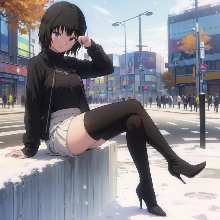 (((One girl))),((((full body shot)))) ,(masterpiece:1.2), highest quality,,((((High resolution)))), unity 8k wallpaper, (shape:0.8), Highly detailed face, Perfect lighting, Highly detailed CG,(((Shibuya Scramble Crossing))),(Big Breasts),((white trench coat)),((((Black sweater)))),((((White tight skirt)))),((((Black long boots)))),((((Black pointed toe))))、((((Black stiletto heels))))、((((Thin legs)))),(White panties),(Put your hand on your skirt),((((Open your jacket)))),((((Very fine hair)))),((((Snow Scene)))),((Autumn foliage scenery)),(smile),((Sit on the street)),(((((blue sky))))),(((Bright sunshine)))