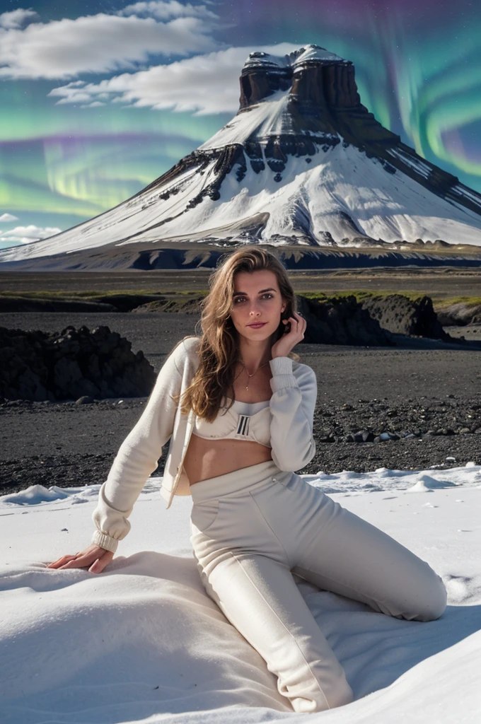 a photo of the model (((Penelope Dellucci))), ((femme debout)), ((de nuit)), Best quality, entouré des volcans et des montagnes enneigées, ((en Islande)), (Realistic), ambiance cosy et chaleureuse, (ultra-detailed), highlighting natural beauty, (portrait), au centre de l'image, tous le corps, (with northern lights in the night sky), smirk