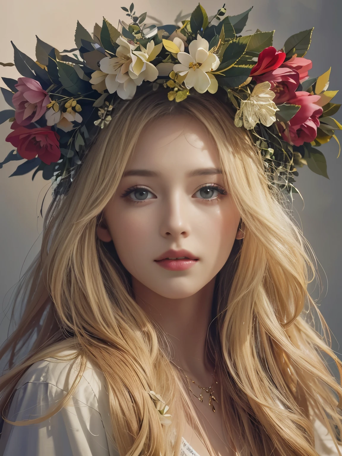 Ultra-high resolution, highest quality, photograph, 4K, (Realistic:1.4), Girl with a wreath on her head, Long Blonde Hair