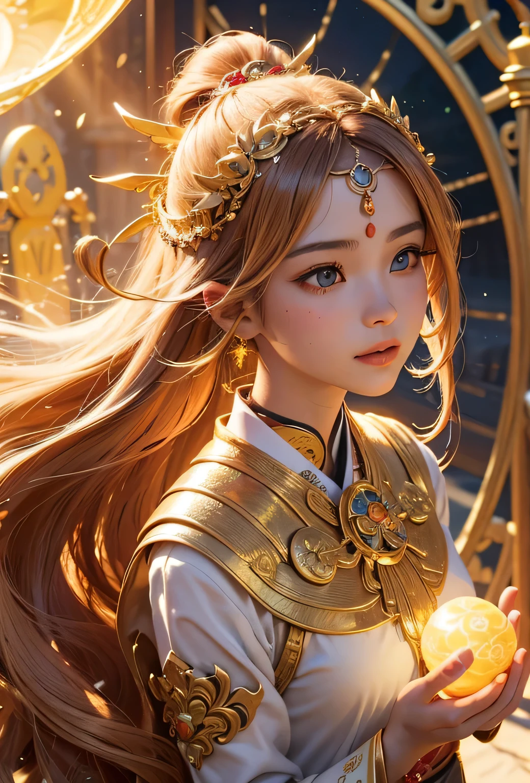 "Child of the Sun, Goddess of Love": Within a sacred sanctuary bathed in sunlight, depict the figure of a sun goddess who governs love, facing forward and emanating divine radiance. She is a , around 3 years old. Zoom in to focus on her face, with a gleaming orb of light in her hands, representing the life-giving power of the sun. Her hair is shimmering gold, and she is wearing a traditional miko outfit as seen in Japanese shrines. The background should be predominantly gold, evoking a sense of divine splendor, with numerous heart-themed objects expressing the beauty of love. The setting is in heaven, enveloped in soft, bright light, where one can find tranquility and peace of mind, free from any trace of anxiety.