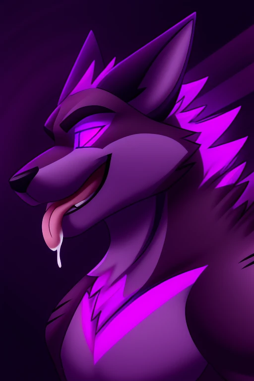 Vortex hellhound, hypnotized with glowing purple eyes without iris or pupils, walking in four paws, on a treadmill, tongue out, cock, cum, profile picture