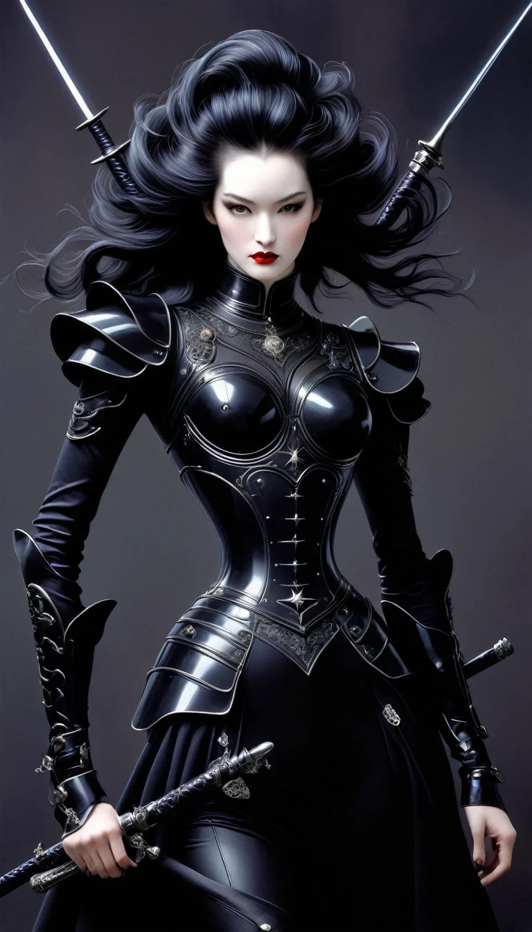 Avant-garde and elegant female warrior in tight combat uniform，（whole body），Serge Lutens is known for his avant-garde elegance。His works continue to transcend the boundaries of traditional aesthetics，Combining elements of surrealism and futurism，While maintaining elegance。Lots of different weapons，Sophisticated yet provocative，background：battlefield