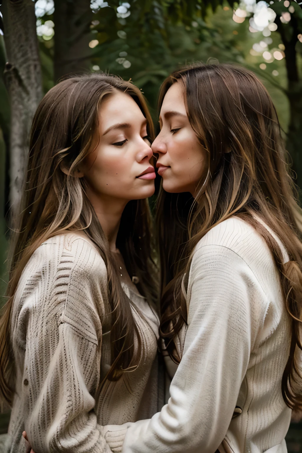 Blonde wavy hair, brunette long brown hair, beautiful girls, tree, kissing, romantic, nature setting, intimate moment, outdoor romance, love and affection