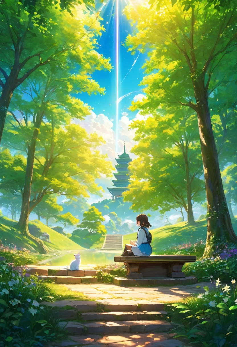 (Panorama, center, masterpiece, highest quality: 1.2), (8K, Raw photo, highest quality), ((masterpiece:1.2)), Realistic, Ultra-high resolution, High Contrast, Photon Mapping, Bright colors, Real, Ultra-detailed, Very detailed, Raw photo, Genuine, Official Art, RAW Photos, Professional Lighting, Light, Professional Writing, twiceLight, Vivid atmosphere, High-definition CG, Unity8k), early summer。Daytime。Alhambra。Eguchi Hisashi style、A girl and a white kitten can be seen in the distance。A girl and a kitten are sitting on an old bench looking towards you。green々A corner of the park、In the silence, the sunlight filtering through the trees is reflected on the ground.。One girl、Close your eyes、Take a deep breath、Its presence is felt as if it blends into the surrounding nature.。Next to the bench、There is a handwritten notebook and pen、The page contains new ideas and goals.。Behind it is a small old shrine.、A landscape where nature and manmade objects coexist in harmony。Nearby trees々The leaves are swaying in the breeze。Beautiful green gradation。An atmosphere that exudes the excitement of adventure。An atmosphere that makes you feel happy and joyful。 High Fantasy Worldview。 A magnificent composition。Beautifully depicted with the golden rule。 Guardian nebula of rainbow light and silvery vapor。Corrosive Encirclement Ray Family Color。 Slimy air。