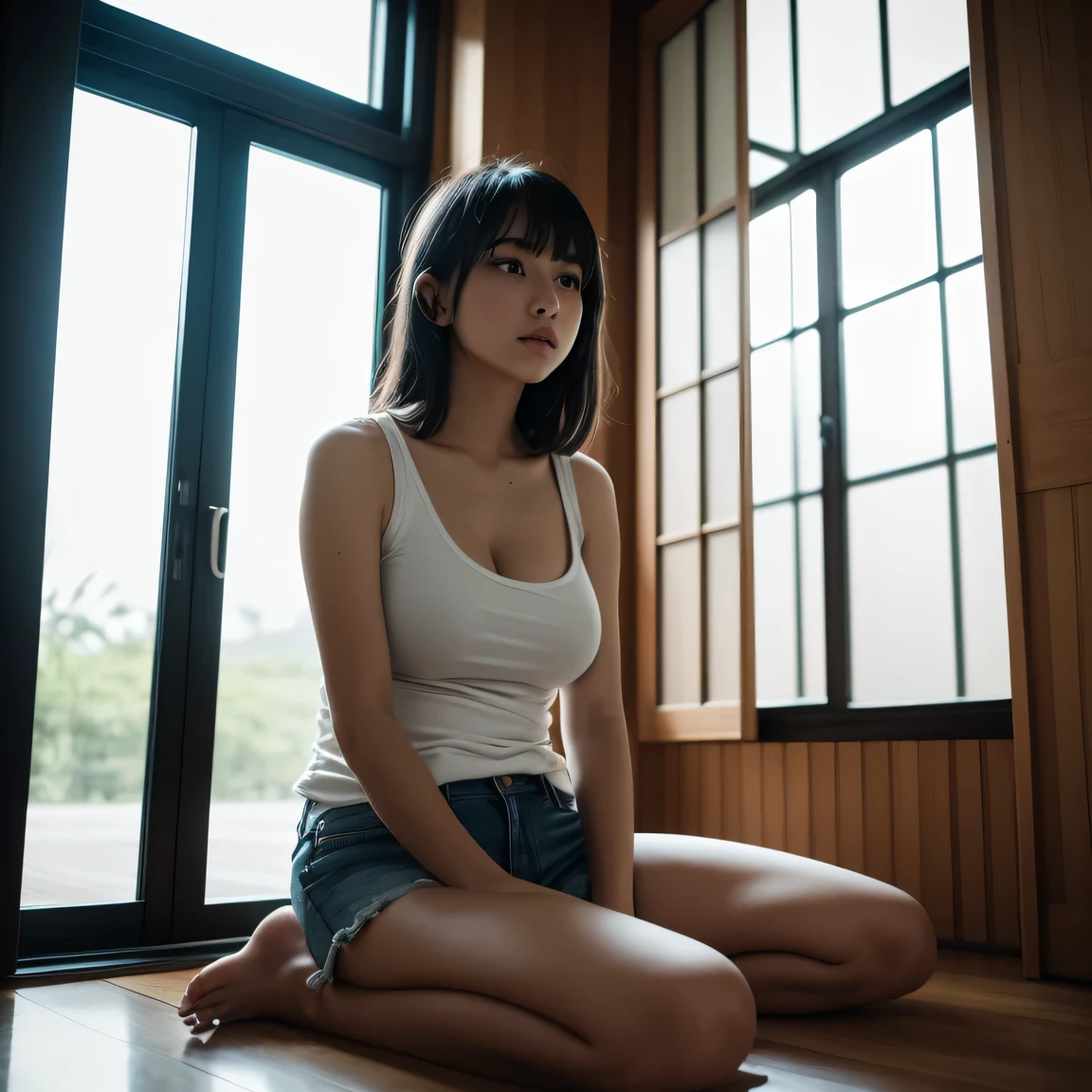 15yo girl, shoulder-length black hair, forehead, (thin eyebrows), oversized gray Tank tops, gray T-shirts, denim shorts, barefoot, (large breasts), cleavage,  ((looking away)), symmetrical eyes, sitting, wariza, full body shot, washitsu, scenery, tatami, sliding doors, indoors, window, Underexpose Lighting,
