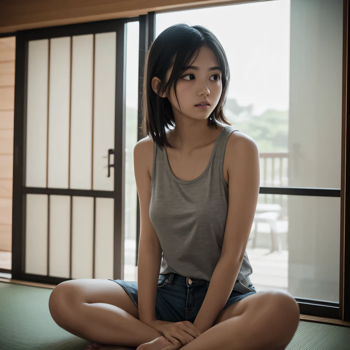  girl, shoulder-length black hair, (thin eyebrows), oversized gray Tank tops, gray T-shirts, denim shorts, barefoot, (large breasts), ((looking away)), symmetrical eyes, sitting, wariza, full body shot, washitsu, scenery, tatami, sliding doors, indoors, window, Underexpose Lighting,
