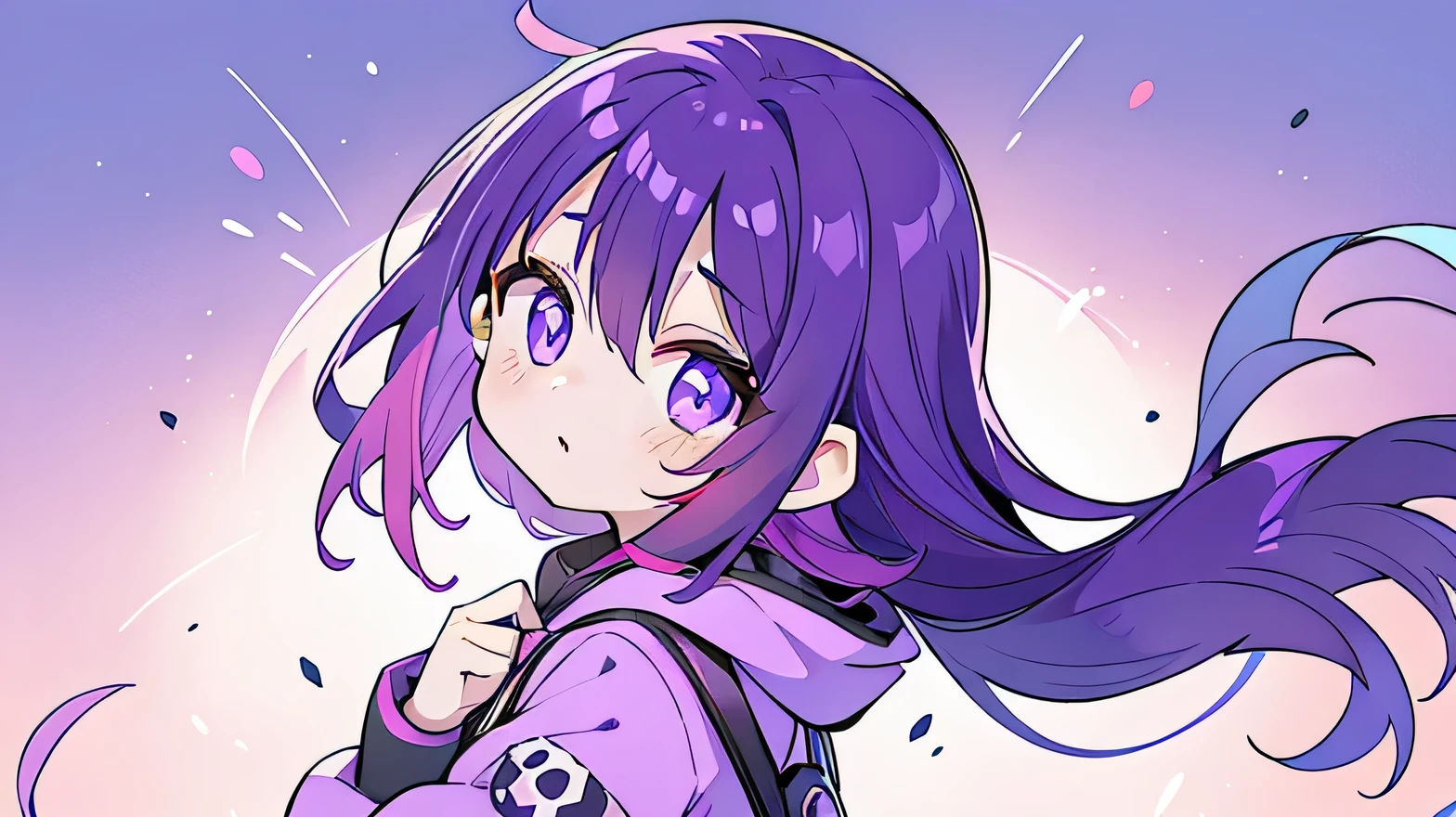 (Very bright:1.1), violet background, [1 girl:7], (head tilt:1.2), surprised, violet hair, long hair,  violet Eyes, hoodie, ([sketch|watercolor \(Moderate\)]:1.15), (Inkblot:1.1), (pale:1.2), vector trace, Gradient Blending, look back, Bright colors,((colorful)), That&#39;s excellent, very detailed, Complex, (Extremely low contrast:1.4)