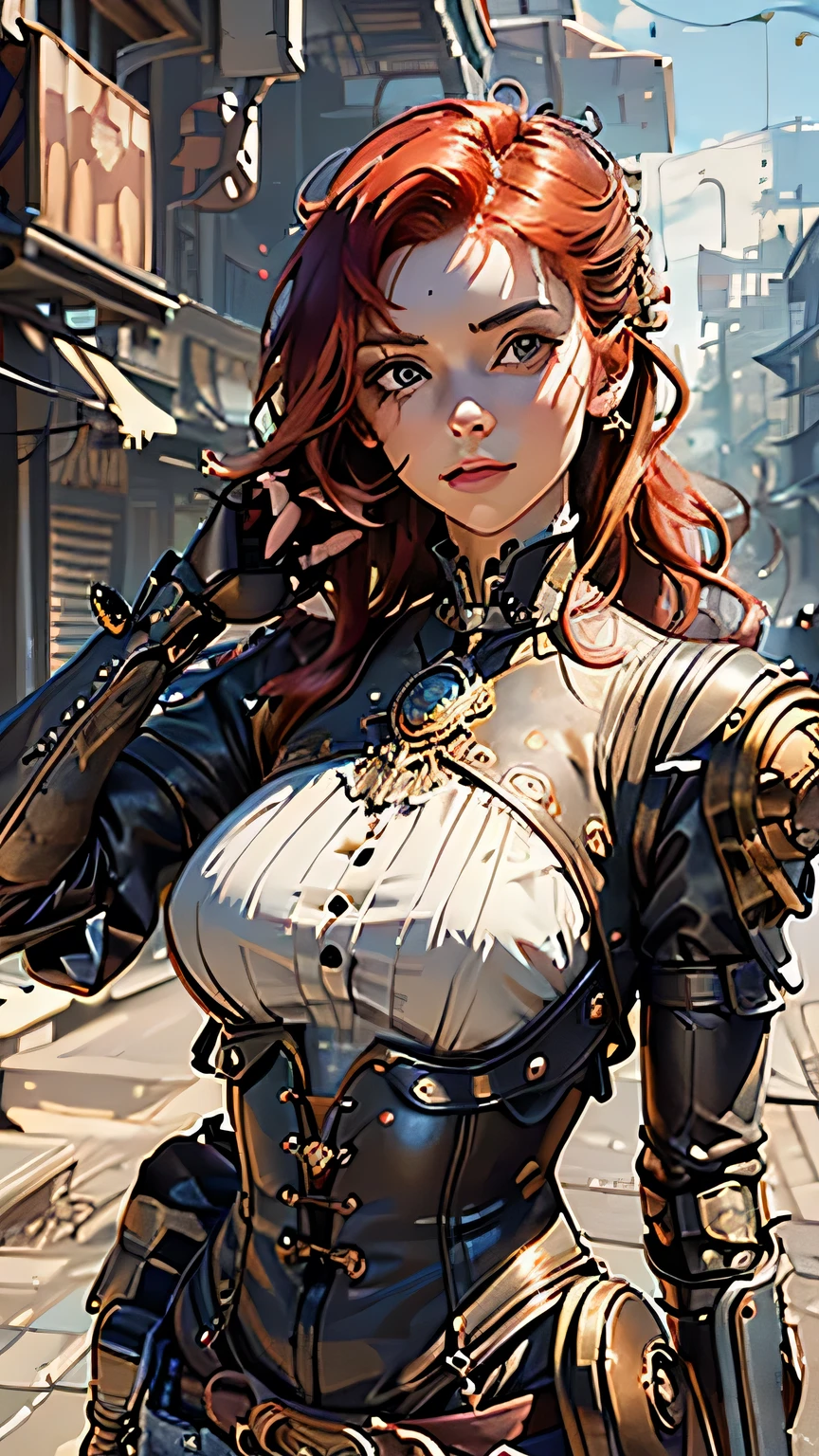 ((Masterpiece)), (Best Quality), (Cinematic),(extrem detailliertes CG Unity 8k-Hintergrundbild), ((upper body with hand)), 1/2 portrait,(with visible hand)1girl, fit,delicious company, small breasts,(no goggles in face)(very long red hair), (no goggles in face) a stunning beautiful victorian red haired steampunk woman who lost her lower arm by accident but got instead a beautifully crafted fine and perfect fitting robotic(mechanic and hydraulic) prothesis(steampunk style). with this prothesis stretched towards she is showing(presenting) us a sealed filigrane poison glass phiole with blue liquid in it. hand-lower arm-prothesis made of brass and iron and leather. dressed in fabric and leather victorian like clothing and on her hair she has decorative wielding goggles also made of brass and leather and decorative stuff. the scenery is a little bit gritty but also awe inspiring
